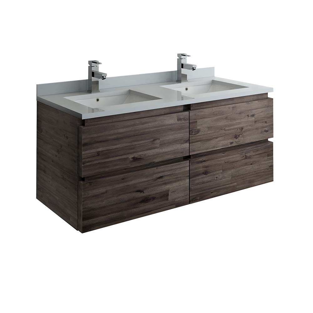 48 Inch Modern Wall Mount Floating Double Sink Bathroom Vanity with Quartz Countertop & Ceramic Sinks - White Contemporary Design for Small Bathrooms, Powder Rooms & Master Baths (Faucets Not Included)