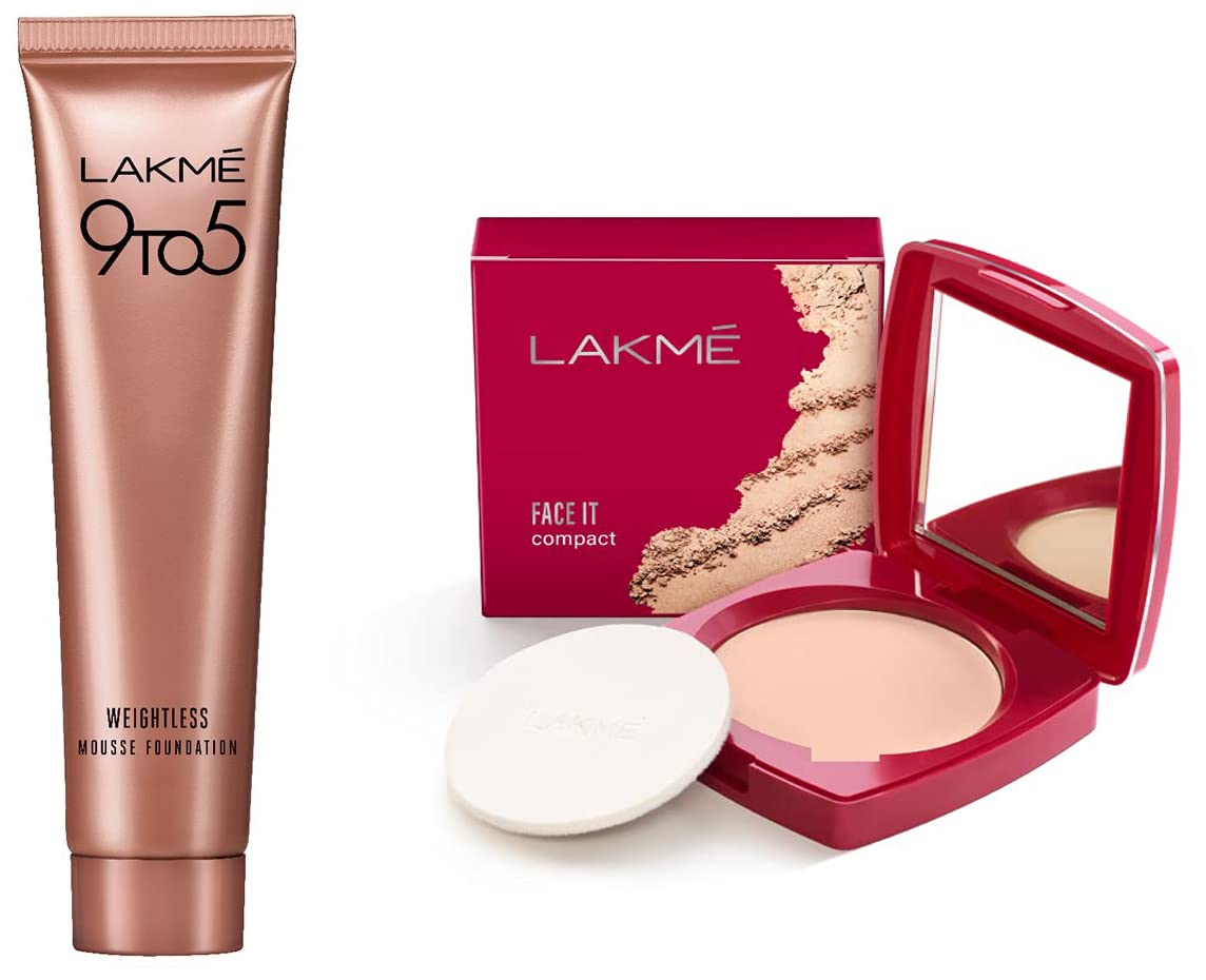 Lakmé 9 to 5 Weightless Mousse Foundation in Rose Ivory (6g) & Face It Compact in Pearl (9g) - Long-Lasting Matte Finish for Daily Office Wear & Evening Events