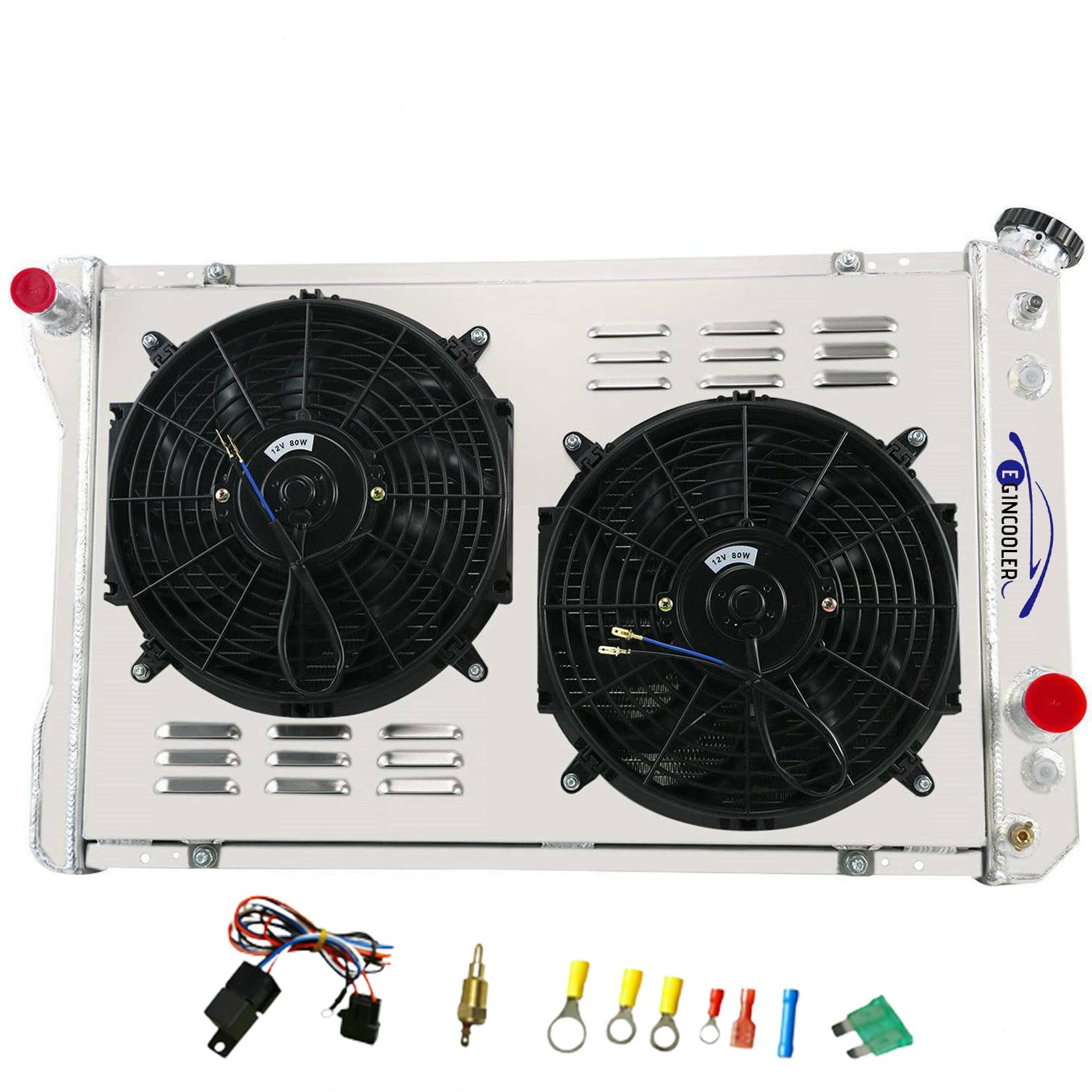 High Performance 3-Row Aluminum Radiator for 1982-1992 Chevy Camaro P20 P30/Pontiac Firebird/GMC P2500 P3500 V8 5.0L 5.7L - Direct Fit Replacement with Fan Shroud & Relay - Perfect for Hot Weather & Heavy Duty Towing
