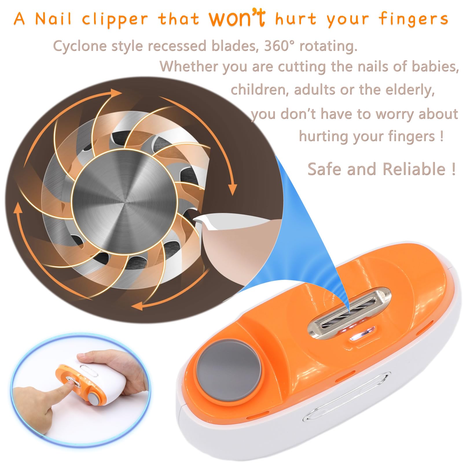 Electric Nail Clipper 3-in-1 with LED Light & Polisher - Rechargeable Automatic Nail Trimmer for Kids, Seniors & Caregivers - Portable Fingernail Cutter with Storage - Perfect for Home, Travel & Elderly Care (Orange)