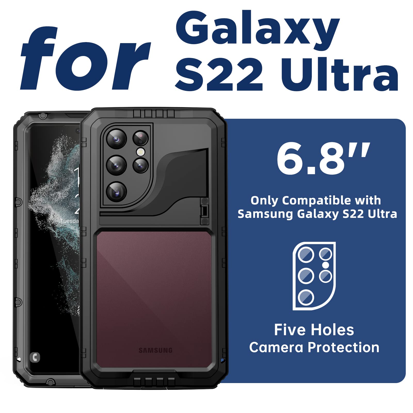 **Mitywah Heavy Duty Shockproof Waterproof Case for Samsung Galaxy S22 Ultra - Metal Kickstand, Built-in Screen Protector, Full Body Protection (Black) - Perfect for Outdoor, Travel & Extreme Sports**