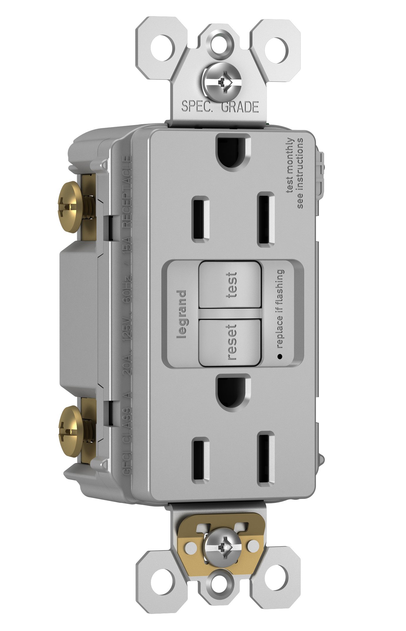 Legrand 1597GRYCCD12 15 Amp GFCI Self-Test Decorator Duplex Outlet, Gray - Tamper-Resistant Electrical Receptacle for Home & Office Safety - Ideal for Kitchens, Bathrooms & Outdoor Use (1-Pack)