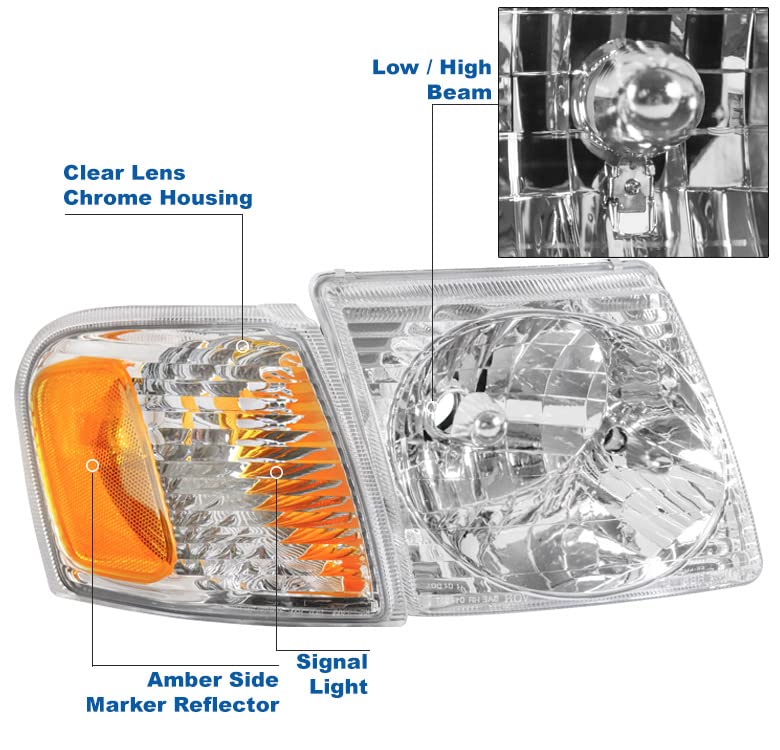Replacement Headlights for 2001-2003 Ford Explorer Sport & 2001-2005 Sport Trac - Chrome Housing LED Headlamps - Durable & Bright Lighting Upgrade for Night Driving & Off-Road Adventures