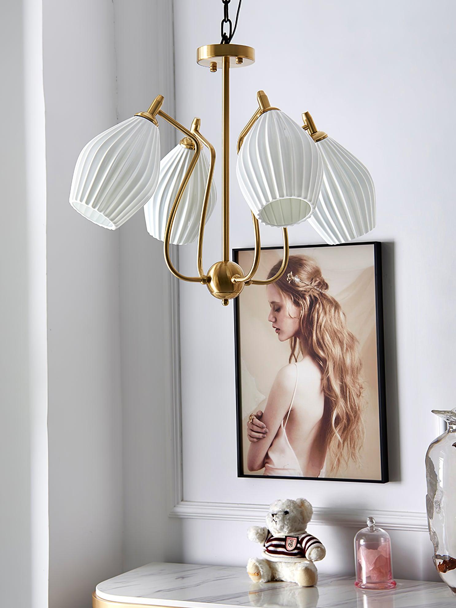 Elegant Ceramic Ribbed Chandelier - Modern Farmhouse Lighting Fixture for Dining Room, Living Room & Bedroom Ceiling Decor