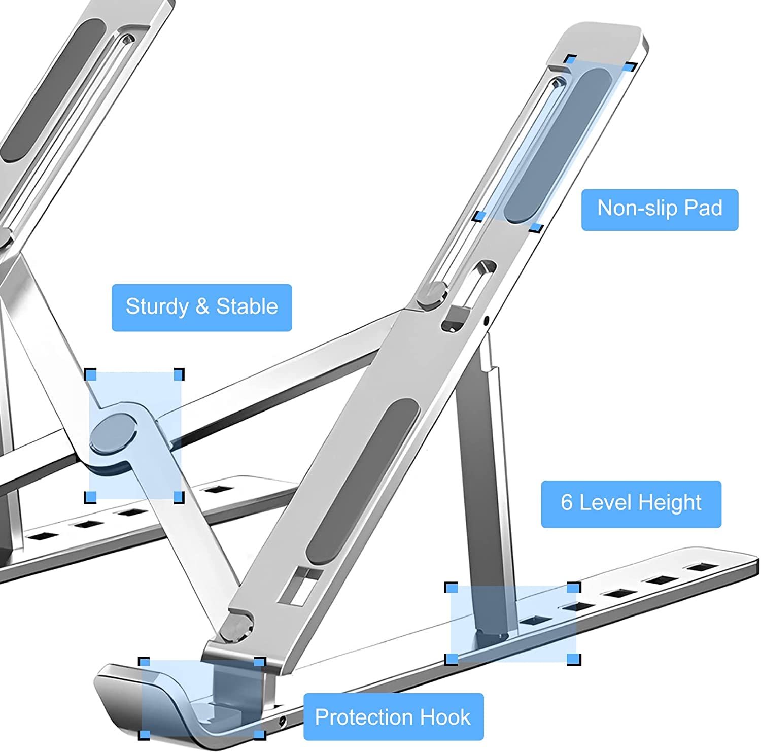 Adjustable Foldable Laptop Stand for 10-15.6 Inch Laptops - Ergonomic Silver Riser Holder for Home, Office, and Travel Use