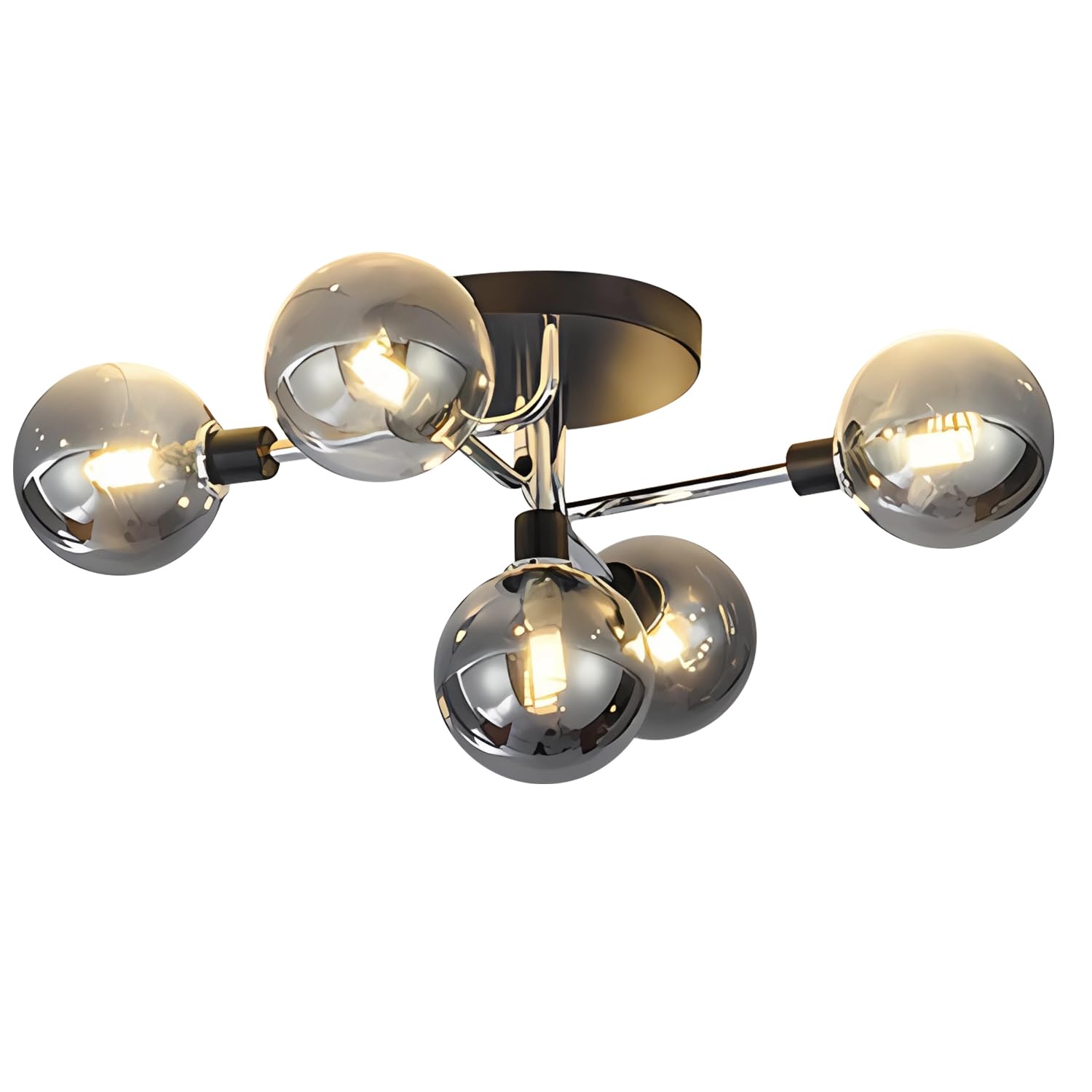 BOKT 5-Light Sputnik Chandelier Semi-Flush Mount Ceiling Light Fixture with Smoked Glass Globes - Modern Pendant Lighting for Kitchen, Dining Room, Living Room & Bedroom (Silver Finish, Bulbs Included) | Perfect for Mid-Century Modern Homes and Contemporary Spaces