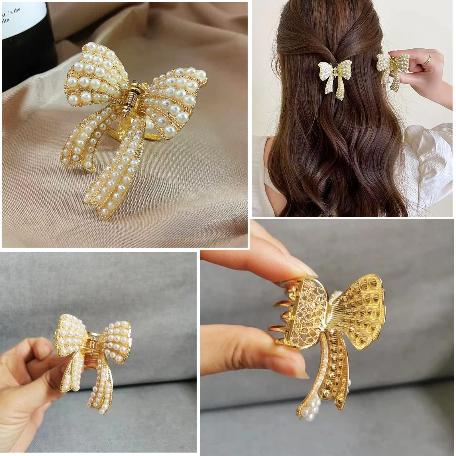 4 Pcs Bow Diamond Pearl Hair Clips for Women & Girls - Non-Slip Strong Hold Jaw Clips for Thin & Thick Hair - Elegant Hair Accessories for Weddings, Parties & Daily Wear