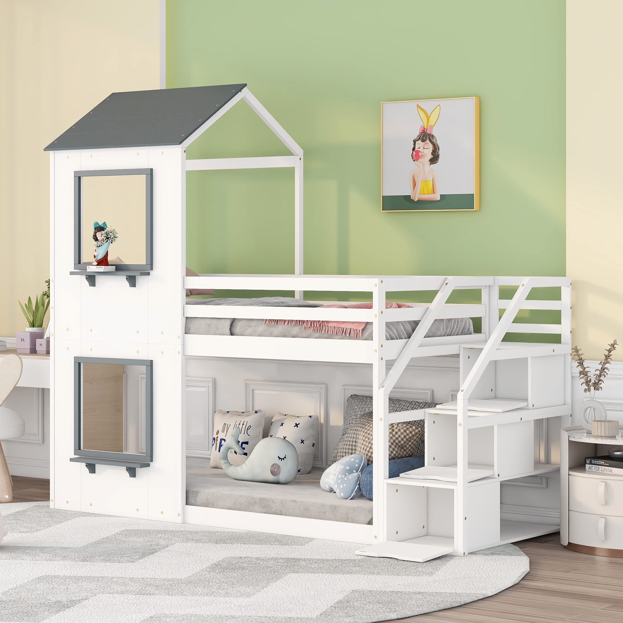 Polibi Twin Over Twin Wooden Bunk Bed with Storage Stairs, Roof, Window, Ladder & Guardrails - Space Saving Kids Bedroom Furniture for Small Rooms (White) - Perfect for Shared Kids' Rooms, Sleepovers and Vacation Homes