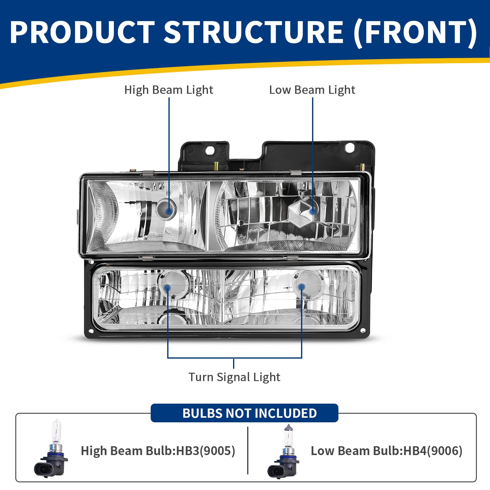 AUTOSAVER88 Headlight Assembly Compatible with 1990-2000 Chevy GMC C1500 C2500 C3500 K1500 K2500 K3500 C/K Suburban Blazer 95-99 Tahoe 1992-1999 Yukon Pickup Truck Headlamp with Bumper Lights - Replacement for Improved Night Visibility & Off-Road Driving