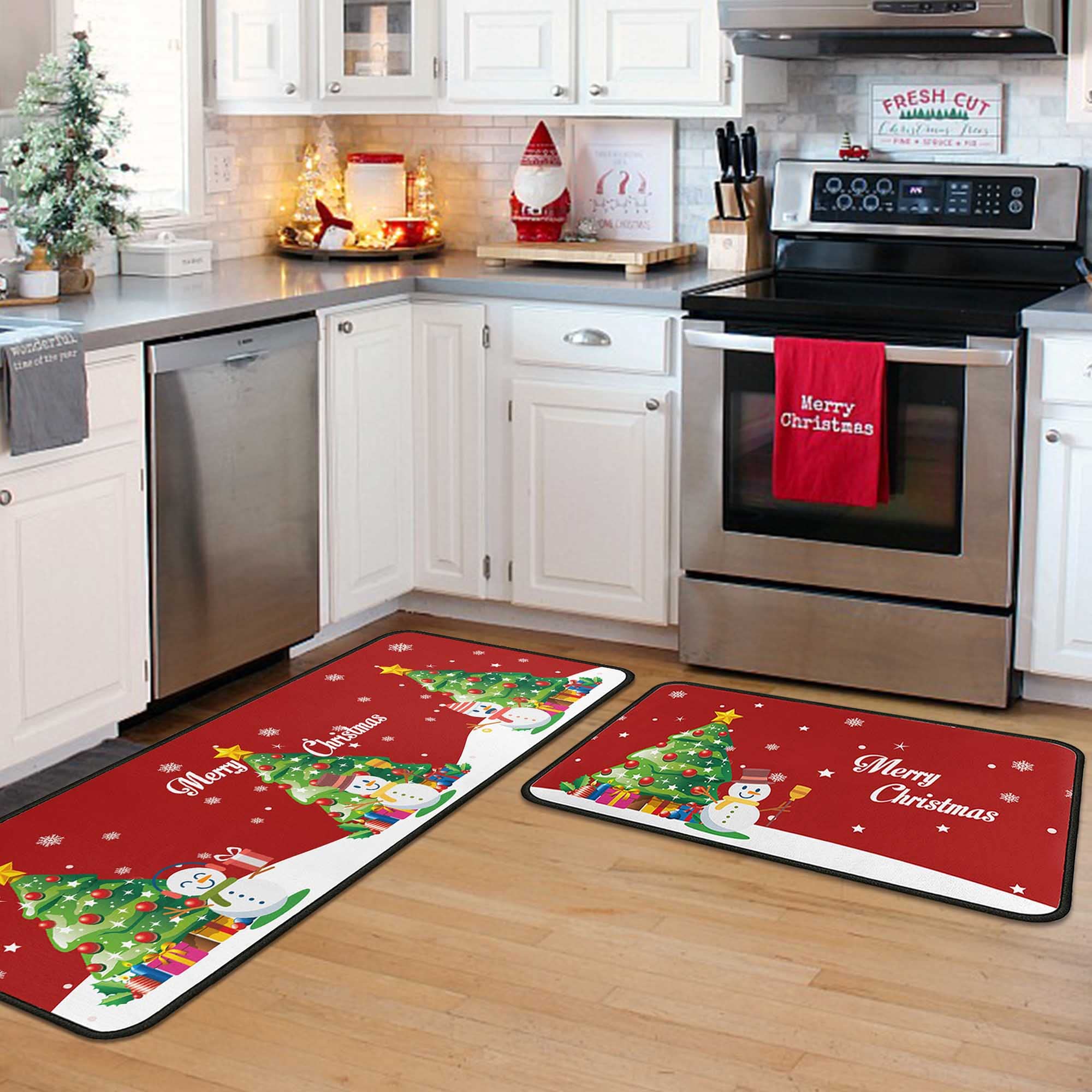 Christmas Kitchen Rug Set (2 PCS) - Snowman Non-Slip Indoor Mats for Winter Holiday Decor - Xmas Door Mat & Runner for Kitchen, Living Room, Entryway - Perfect for Home, Apartment, Dorm Decor (17