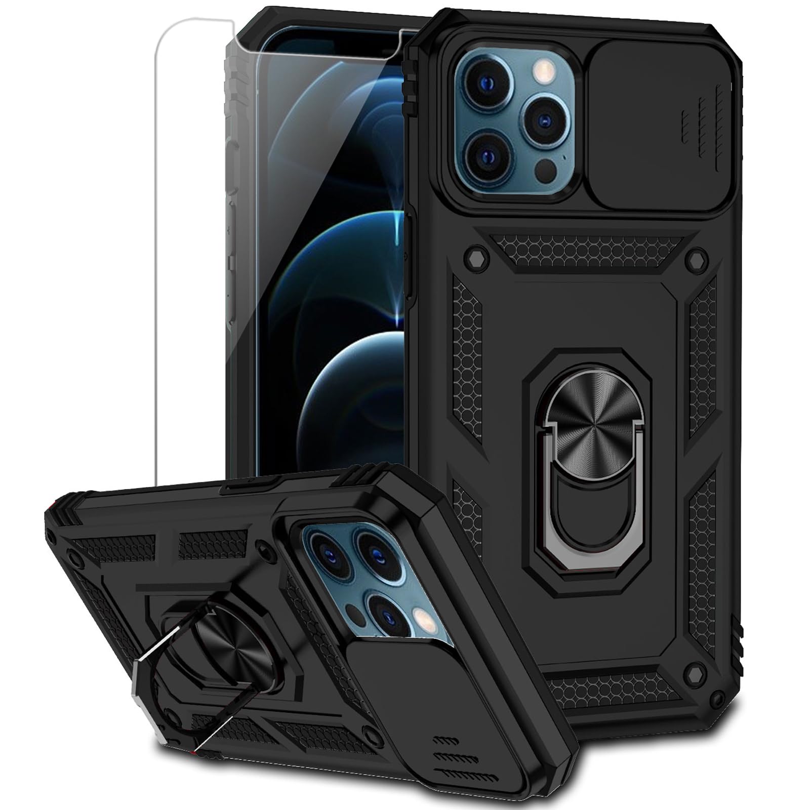 Premium Magnetic Ring Holder Kickstand Case for iPhone 12 Pro Max 6.7 Inch - Military Grade Drop Protection with Camera Lens Cover & HD Screen Protector (Black) | Perfect for Outdoor Adventures, Work & Daily Use