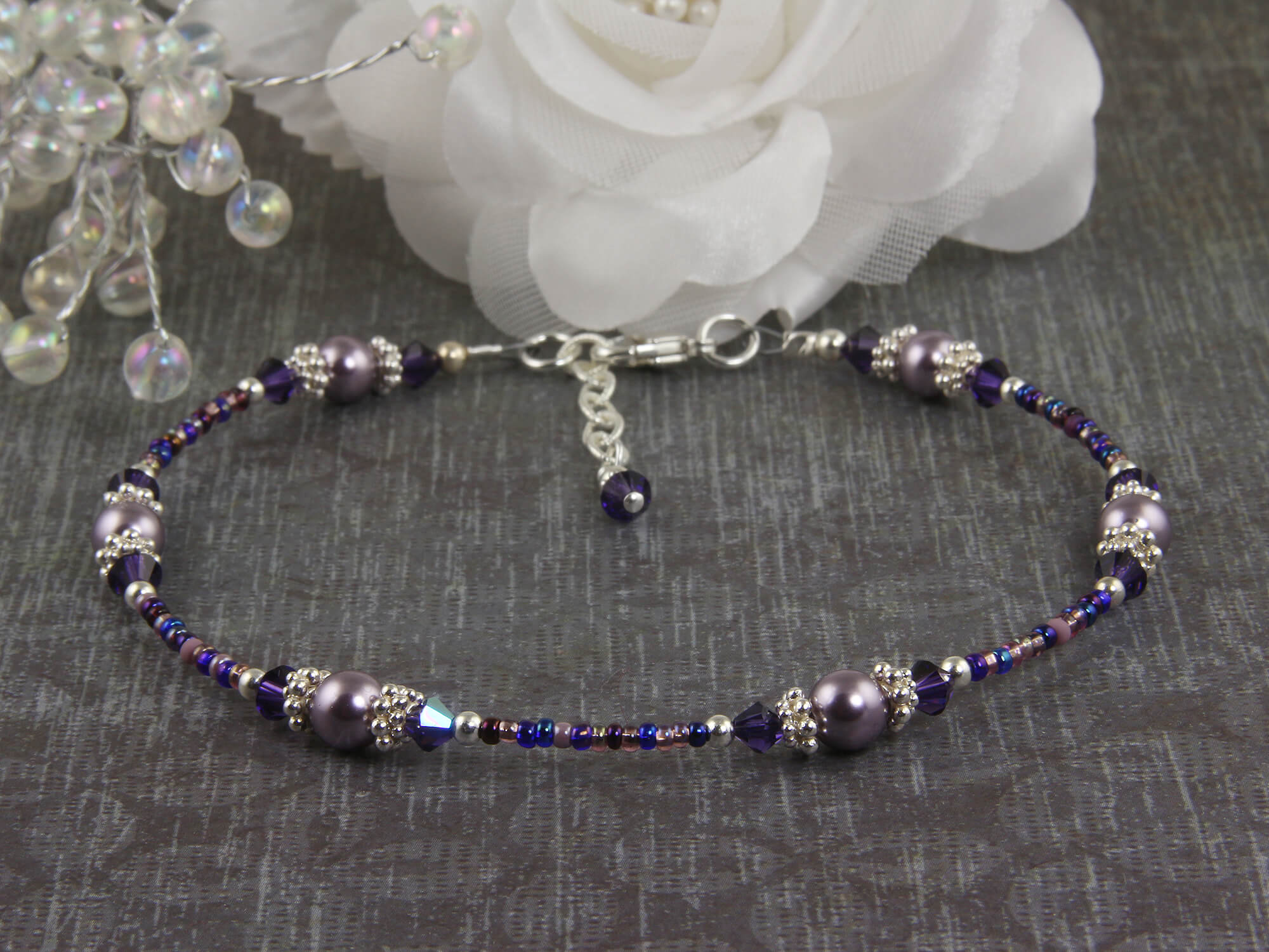 Violet Mauve Crystal Beaded Anklet - Elegant Adjustable Ankle Bracelet for Women | Perfect for Beach, Wedding & Boho Fashion Accessories
