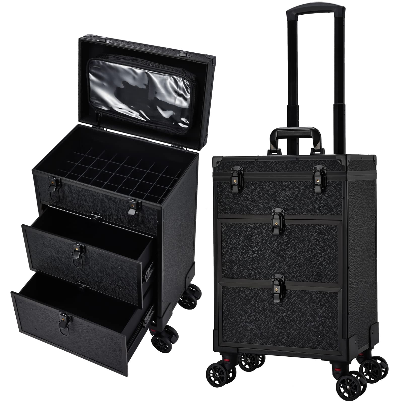 Professional 3-in-1 Rolling Makeup Case with Wheels - Large 2-Drawer Nail Technician Trolley & Travel Cosmetic Train Case with Makeup Pouch - Perfect for Salon Artists, Mobile Stylists & Beauty Professionals On-The-Go