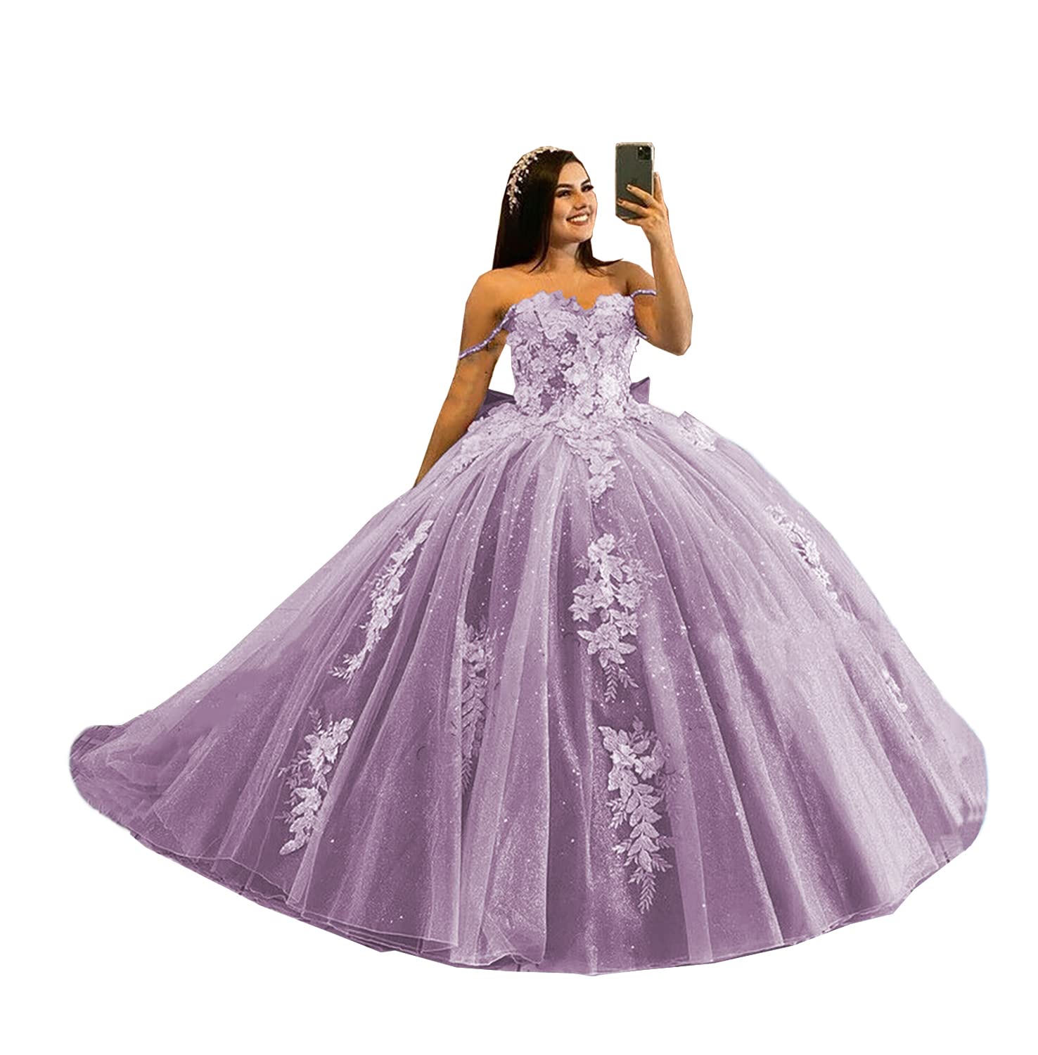 Mouccy 3D Floral Sweet 15 Quinceañera Dress | Off Shoulder Lace Prom Ball Gown | Long Puffy Tulle Princess Dress for Women | Size 6 | Perfect for Quinceañera, Prom, Wedding & Formal Events