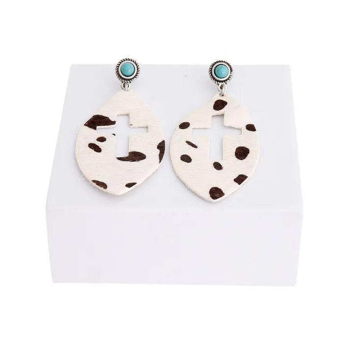 Genuine Leather Cross Earrings for Women - Black & White Gothic Style Boho Jewelry - Perfect for Church, Parties, and Everyday Wear