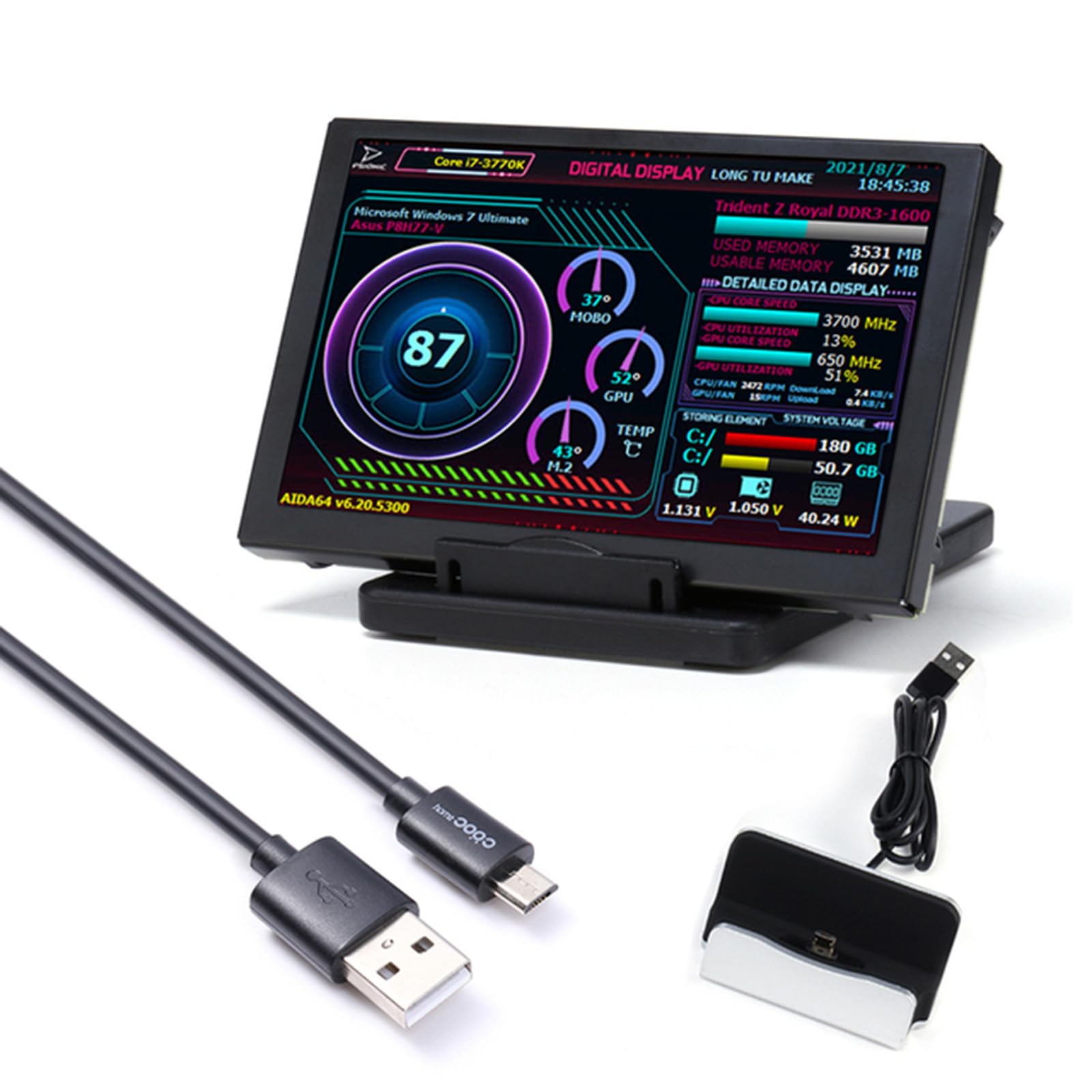 LARUISEE 5 Inch IPS Screen USB Mini Monitor - Aluminum Alloy PC CPU Data Display with AIDA64 Support, Type-C & Rotatable Design for Gaming Rigs, Workstations, and PC Builds