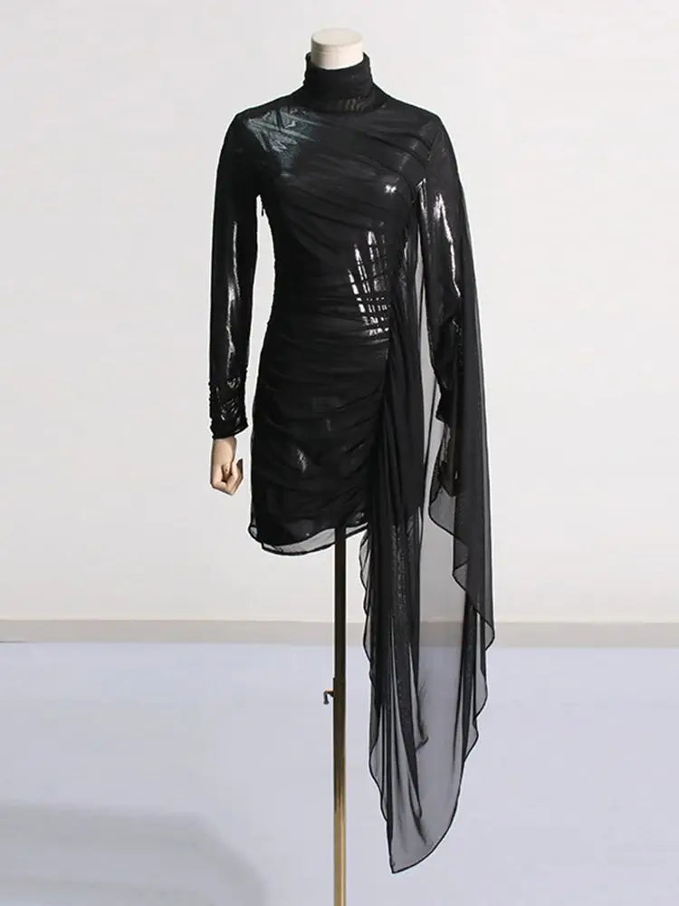 Sexy Black Mesh Pleated Long Sleeve Bodycon Mini Dress for Women - Elegant Party Outfit for Nightclub, Date Night & Celebrity Events