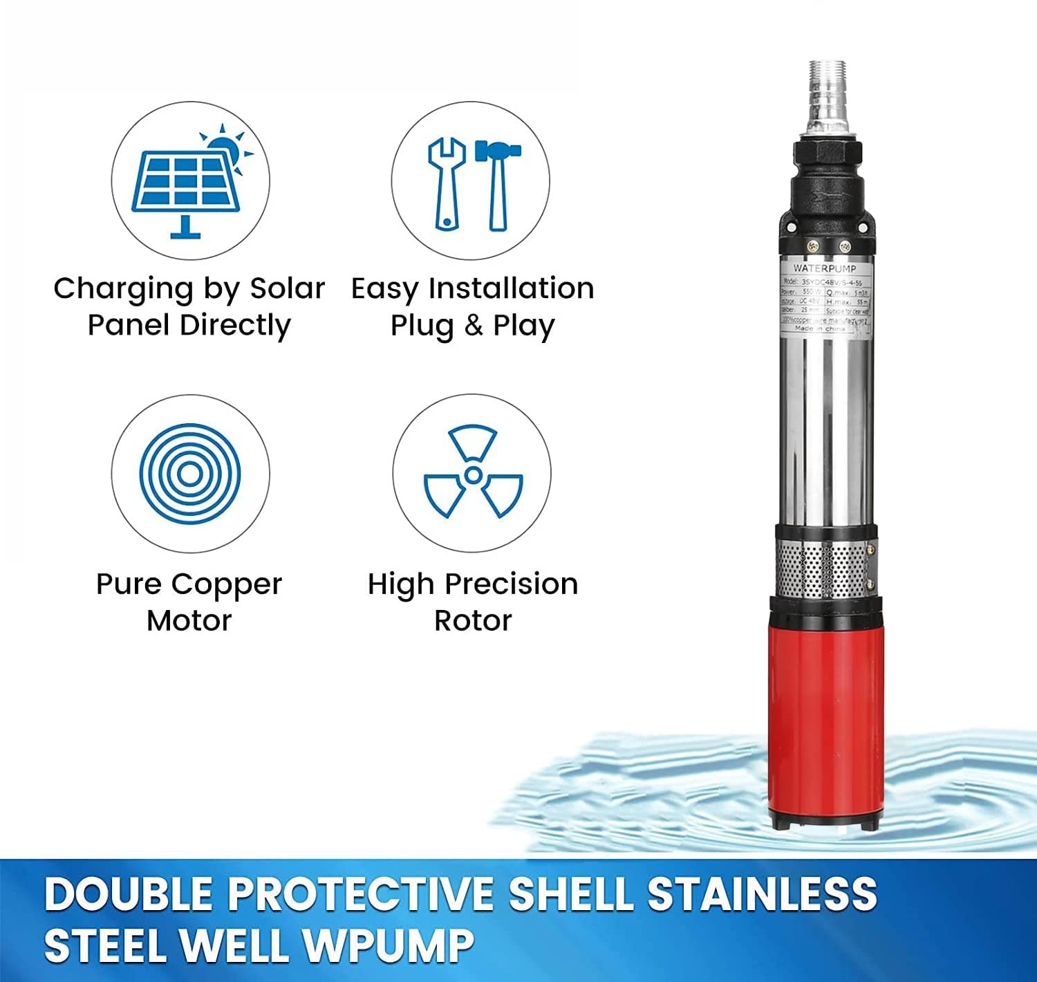 24V DC Solar Submersible Well Pump - 3 Inch Stainless Steel Deep Well Water Pump with 1