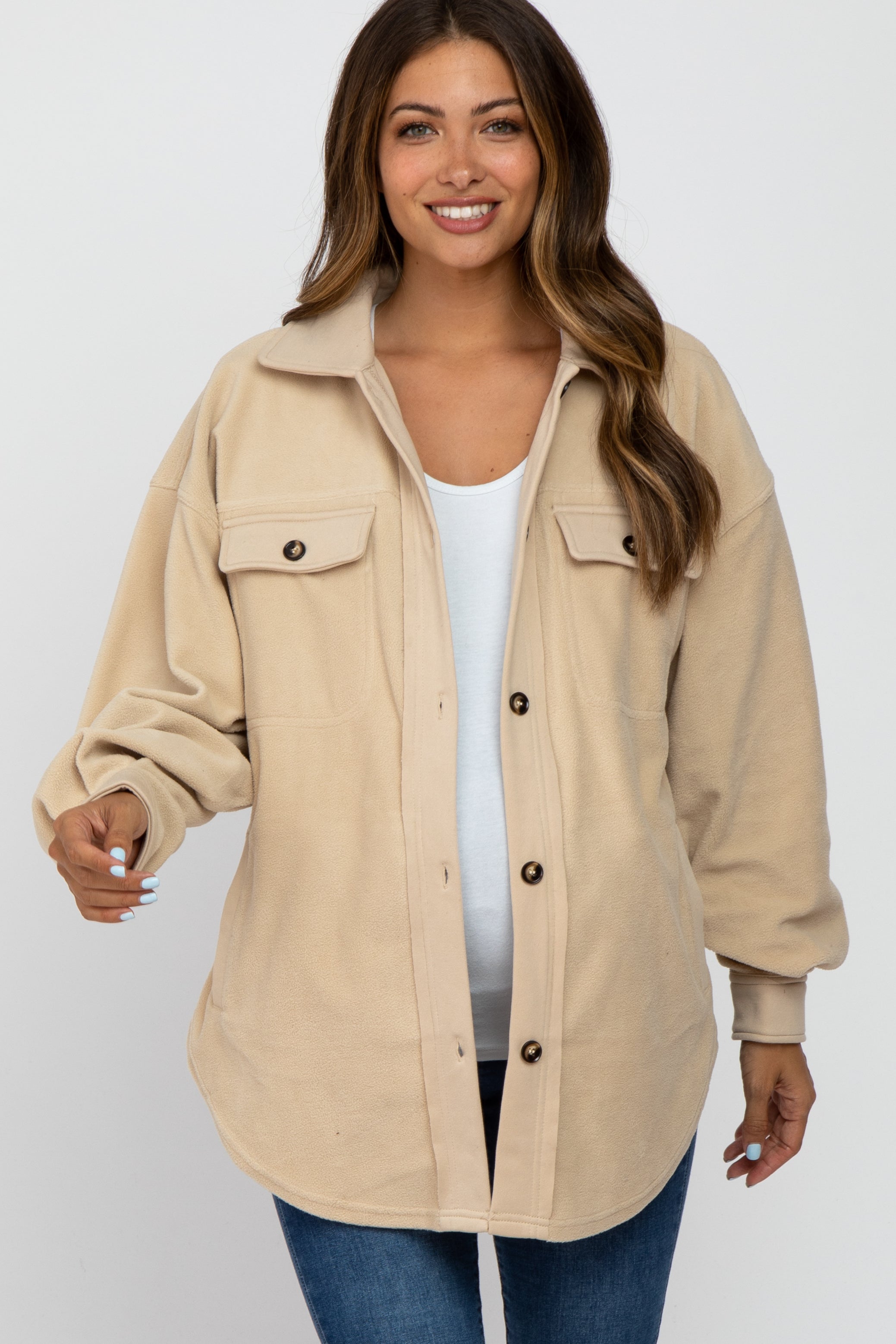 Beige Fleece Button Down Oversized Maternity Jacket - Cozy Winter Pregnancy Coat for Women, Perfect for Casual Outings and Nursing Comfort