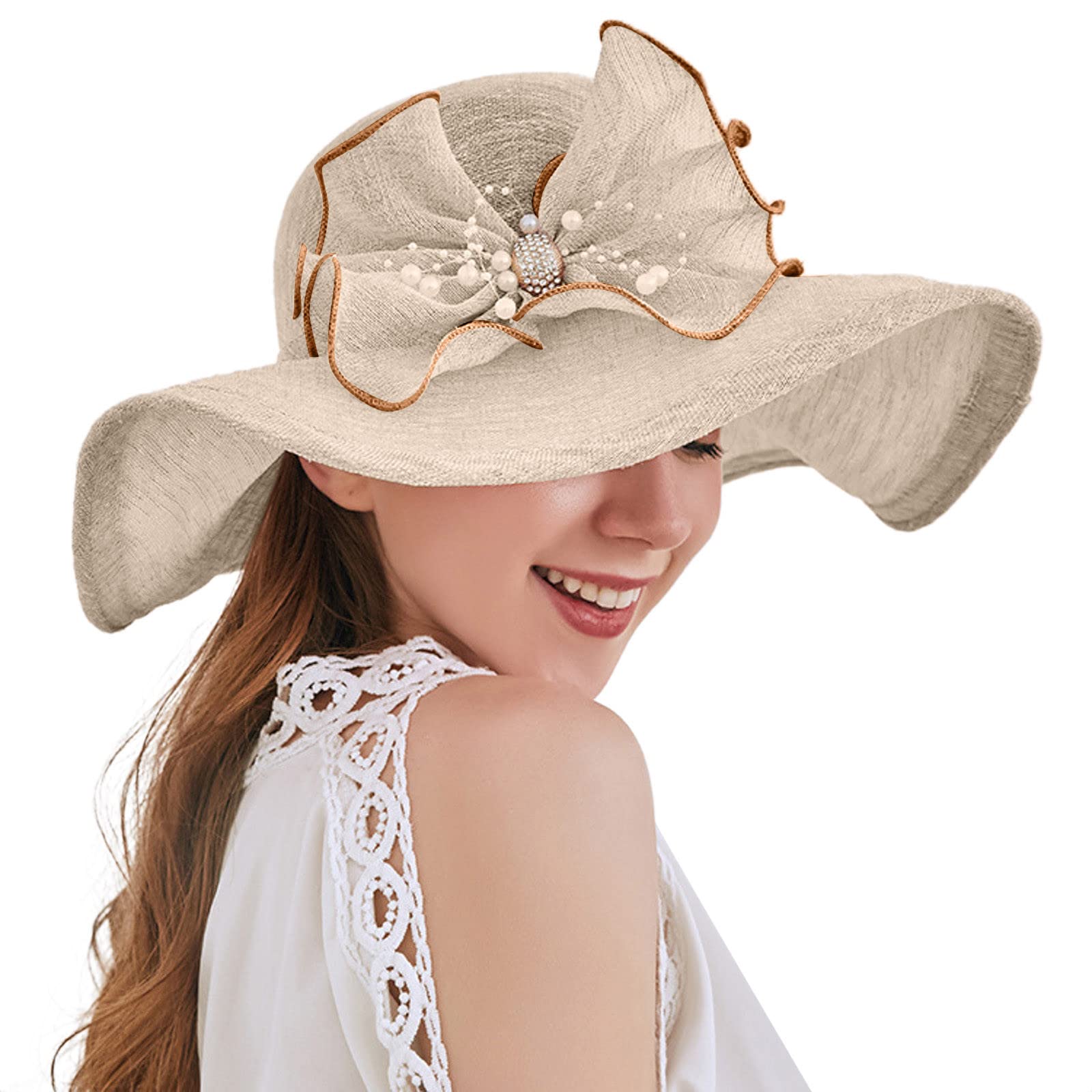 Women's Wide Brim Sun Hat with Floral Design - Summer Beach Hat for Women, Bridal Shower, Outdoor Activities & Sun Protection