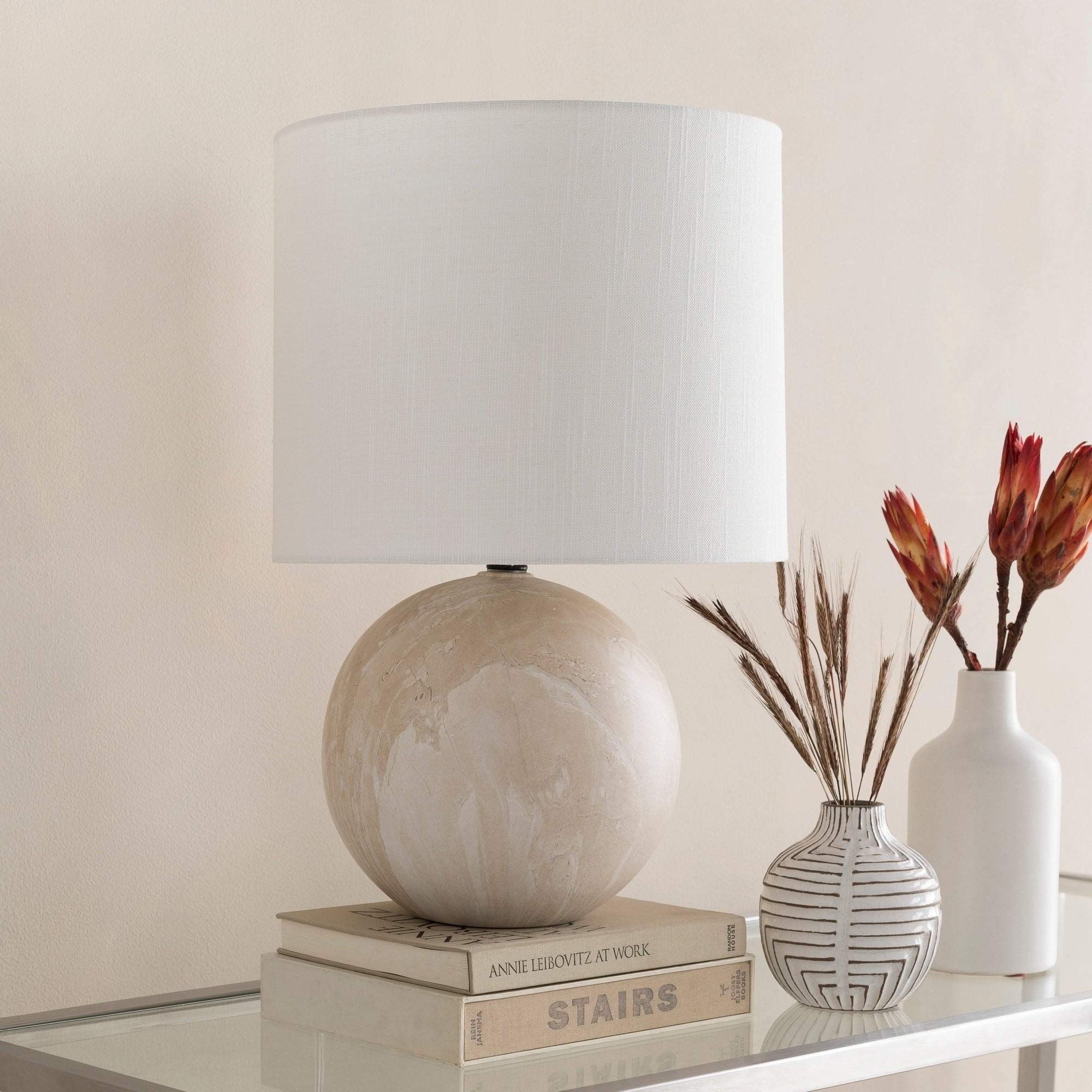 Modern Beige Faux Marble Ceramic Table Lamp with Included Bulbs - Elegant Home Office & Bedroom Lighting Decor