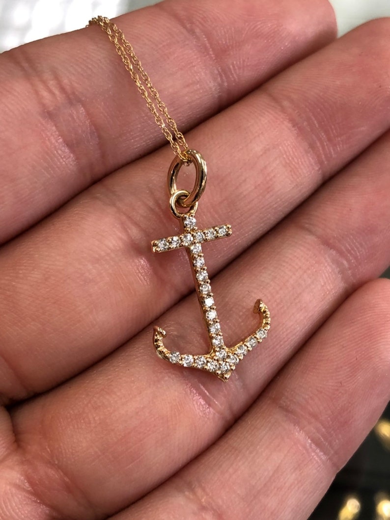 14K Gold Natural Diamond Round Brilliant Anchor Necklace - 0.30 Carat Dainty Pendant Jewelry for Women, Perfect Gift for Anniversary, Birthday & Valentine's Day