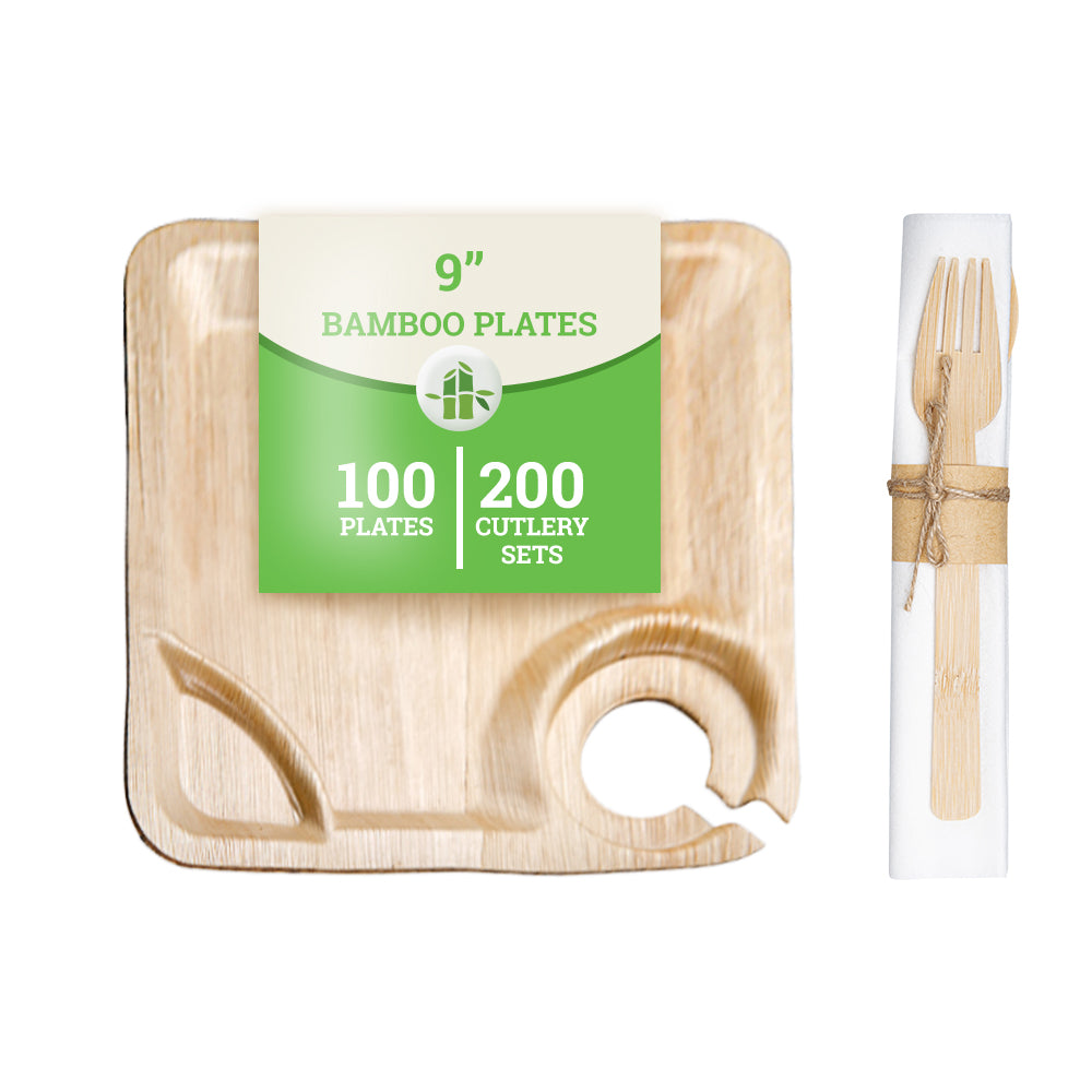 100-Piece Eco-Friendly Bamboo Leaf Plates, Cup Holders & Disposable Flatware Set - Biodegradable 7-Inch Square Dinnerware for Parties, Picnics, and Sustainable Dining