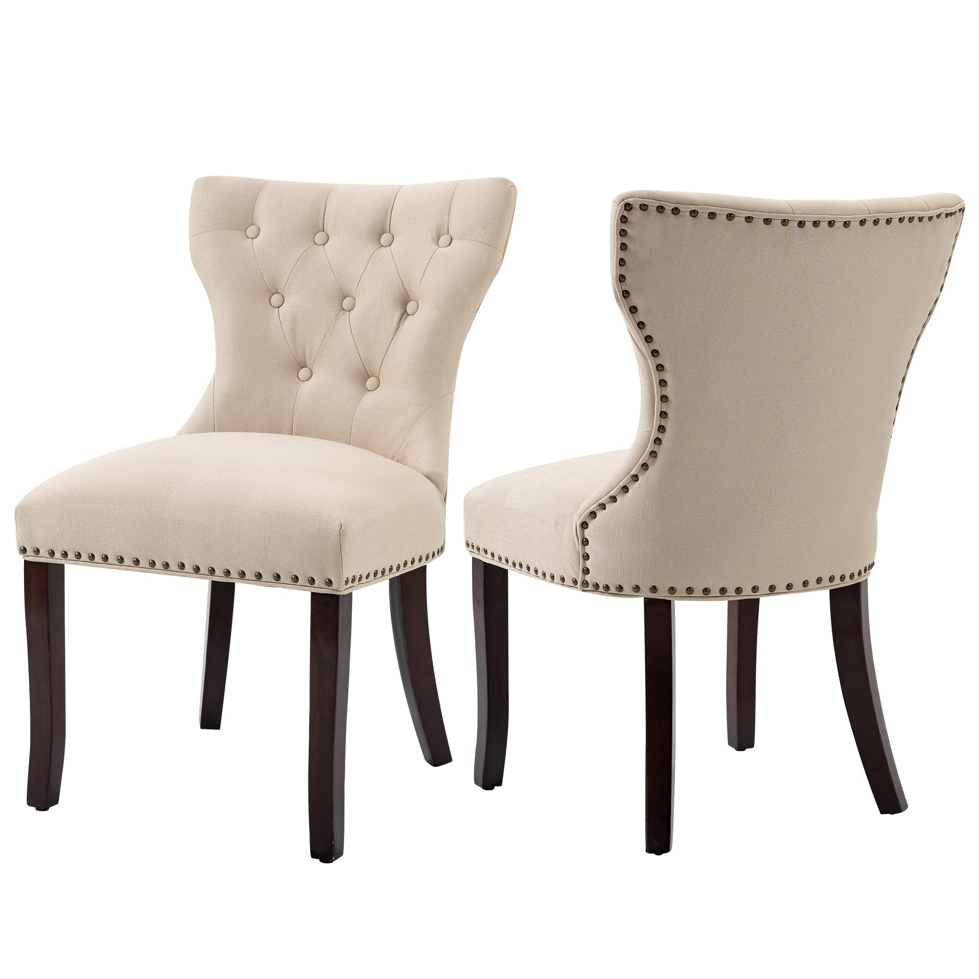 DAGONHIL Fabric Dining Chairs Set of 2 - Tufted Upholstered Solid Wood Accent Chairs with Nail Heads & Buttons for Dining Room & Living Room - Beige - Perfect for Home, Office, and Restaurant Decor