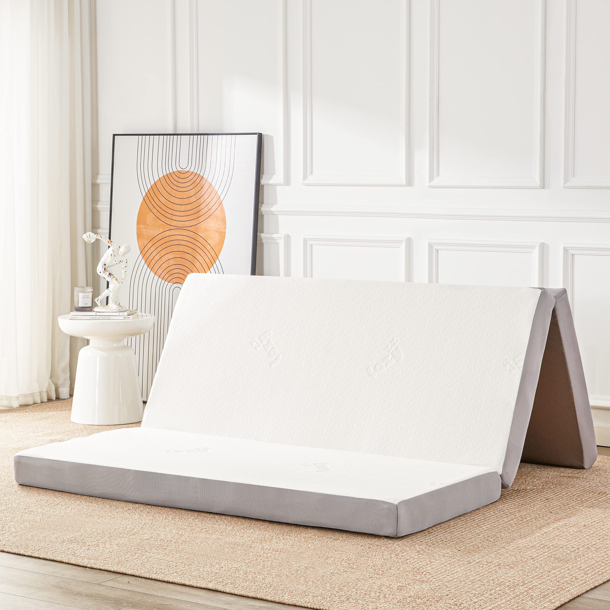 4 Inch Tri-Fold Memory Foam Mattress with Breathable Bamboo Cover - Portable Floor Mattress for Camping, Travel & Guest Bed - Queen Size Foldable Mattress for Home, RV & Sleepovers