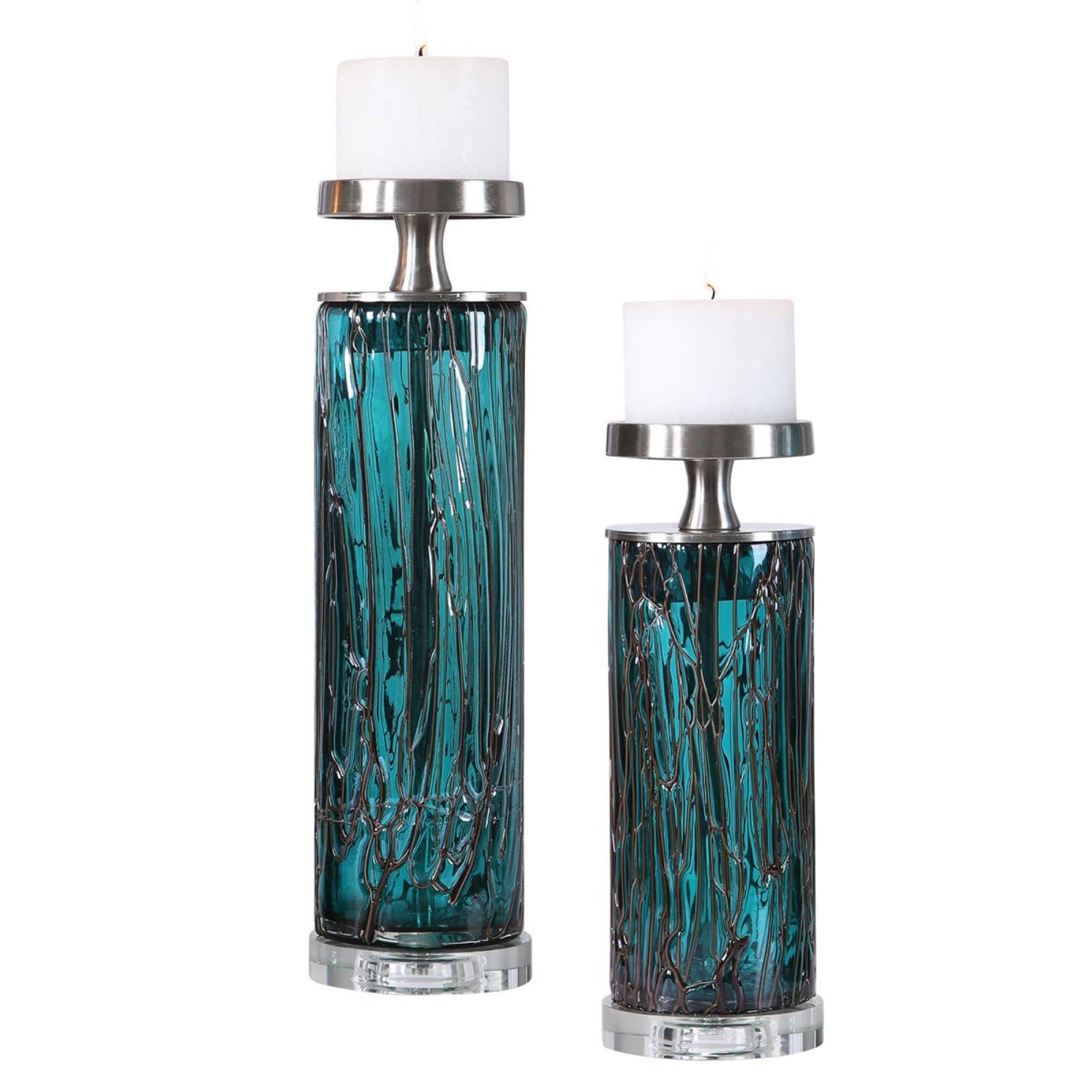 Set of 2 Modern Teal Blue and Silver Glass Candle Holders - 18.25 Inch Tall Decorative Candle Sticks for Dining Table, Wedding Centerpiece, and Home Decor