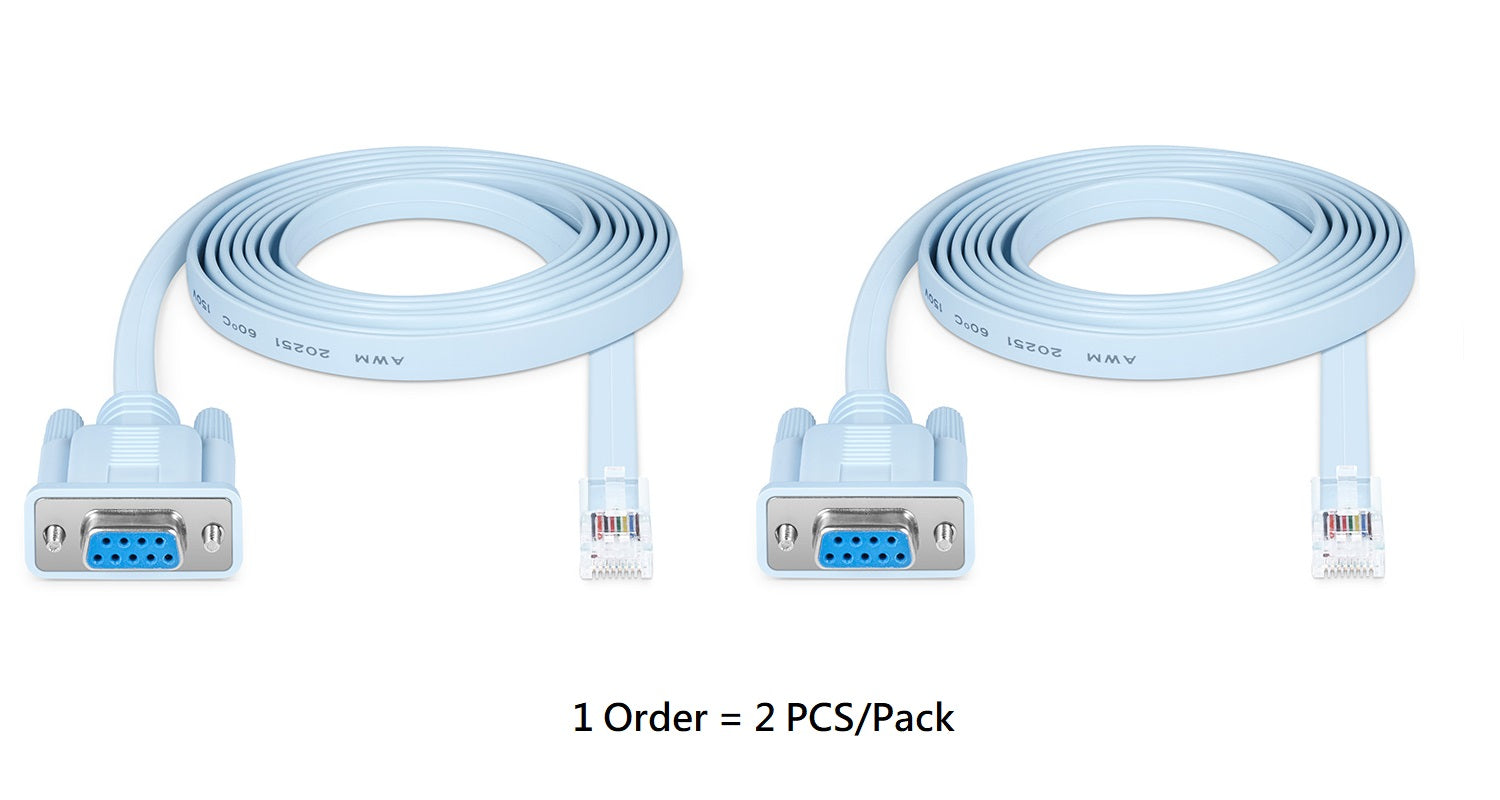 Cisco DB9 Female to RJ45 Male Console Cable - Bi-Directional Blue Serial Cable (6 Feet, 2-Pack) for Network Equipment Configuration & Server Maintenance