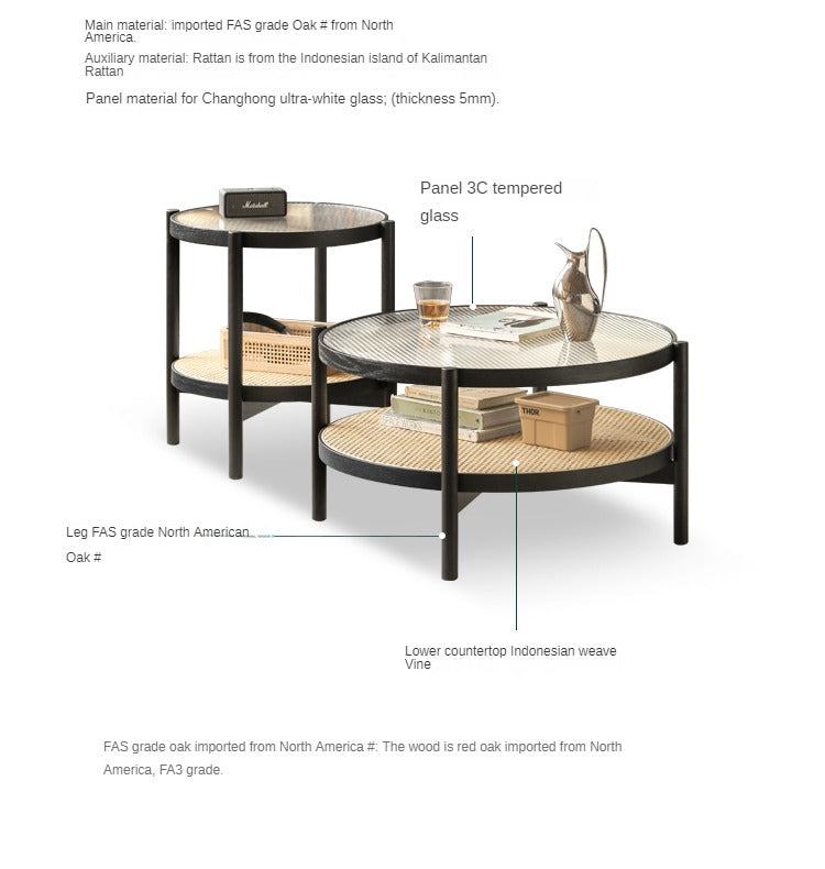Solid Oak Wood Rattan Black Glass Round Coffee Table - Modern Living Room Centerpiece for Home Decor