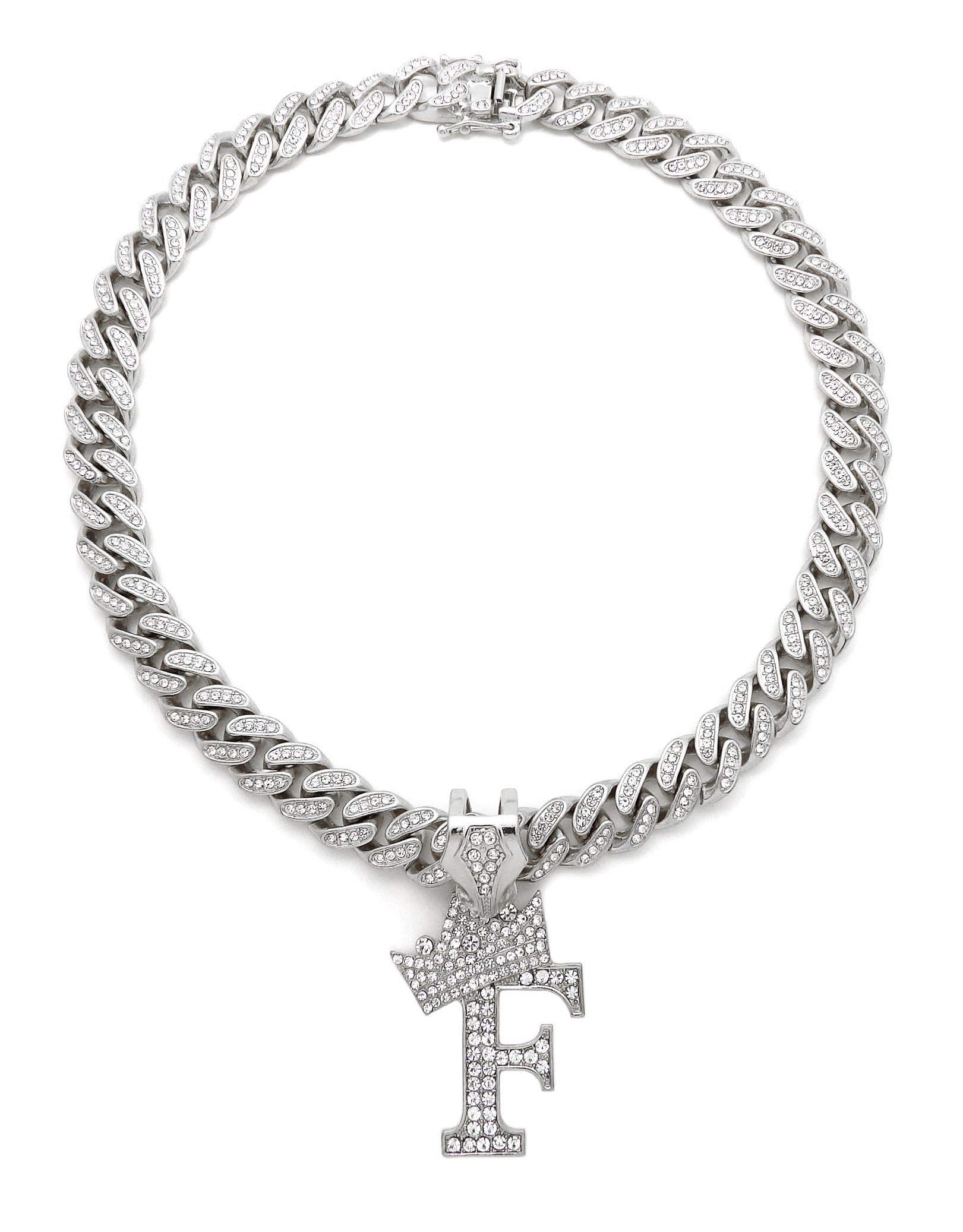 NYFASHION101 Iced Out Miami Cuban Chain Necklace with 12mm Stone Stud Crowned Initial Pendant - Perfect for Hip Hop Jewelry, Men's Bling Accessories & Streetwear Fashion