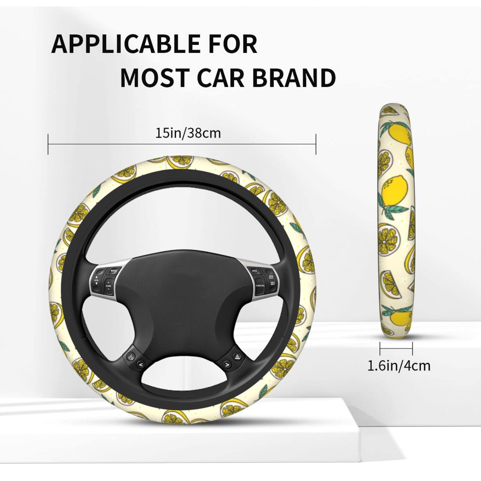 15 Inch Universal Neoprene Steering Wheel Cover with Fresh Lemon Fruits & Flowers Print - Cute Car Accessory for Women, Summer Driving & Vehicle Protection