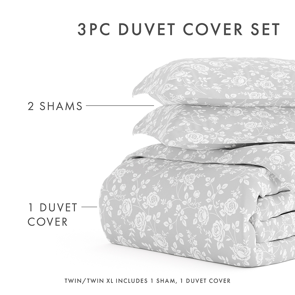 Rose Gray Floral 3-Piece Duvet Cover Set - Soft Bedding for Master Bedroom & Guest Room Decor