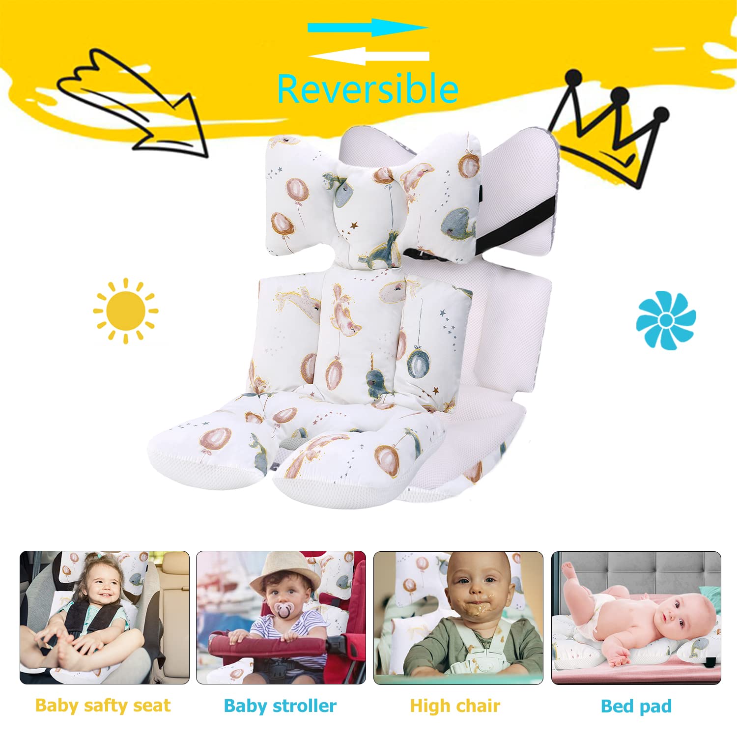 Soft & Breathable 3D Air Mesh Baby Stroller Seat Pad Liner - Universal Cushion for Infant Carriers & Strollers (Whale Design) | Perfect for Daily Walks, Shopping & Travel