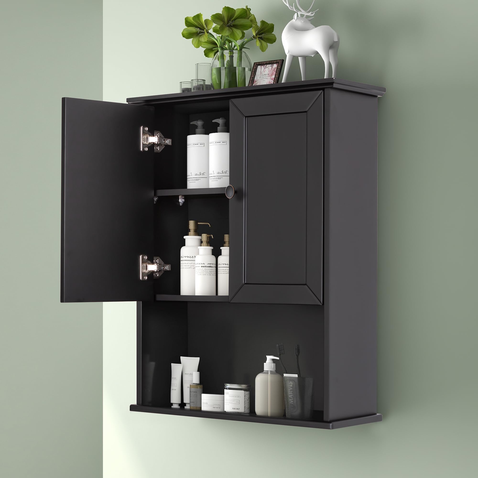 24x30 Inch Black Wooden Over Toilet Bathroom Wall Cabinet with Adjustable Shelf & Soft Hinge - 2-Door Wall Mounted Medicine Storage Cabinet with Metal Handle for Bathroom Organization & Small Space Saving