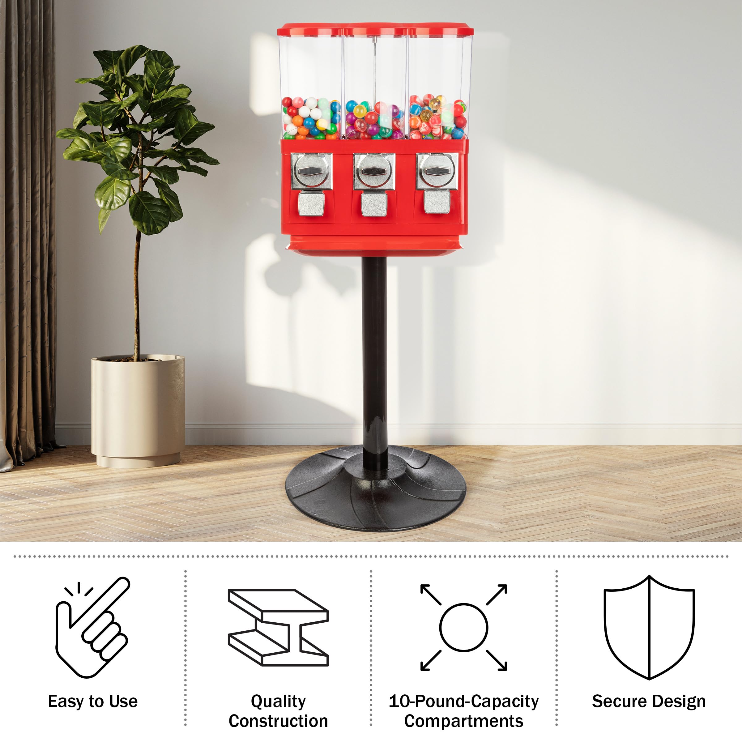 Great Northern Popcorn Triple Candy Vending Machine - Commercial Gumball, Capsule & Candy Dispenser for Business (Red) - Perfect for Retail Stores, Arcades & Party Events