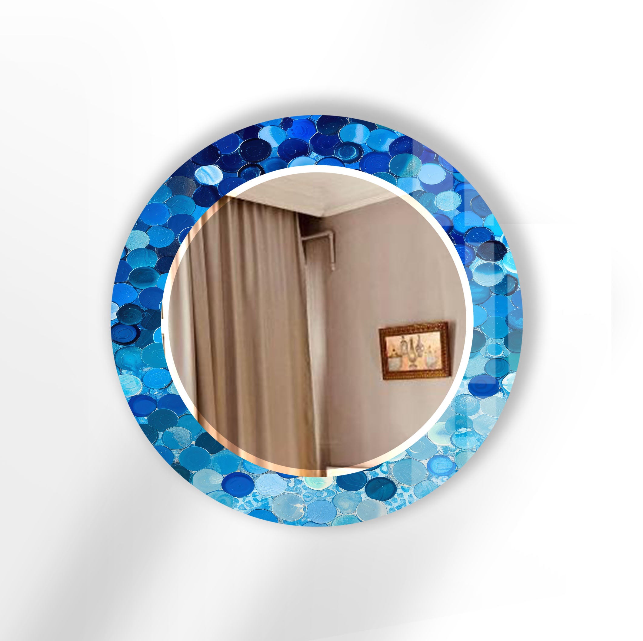 Blue Bubble Mosaic Round Wall Mirror - Coastal Style Accent Mirror for Modern Home Decor, Perfect for Bathroom, Bedroom, Living Room, and Entryway