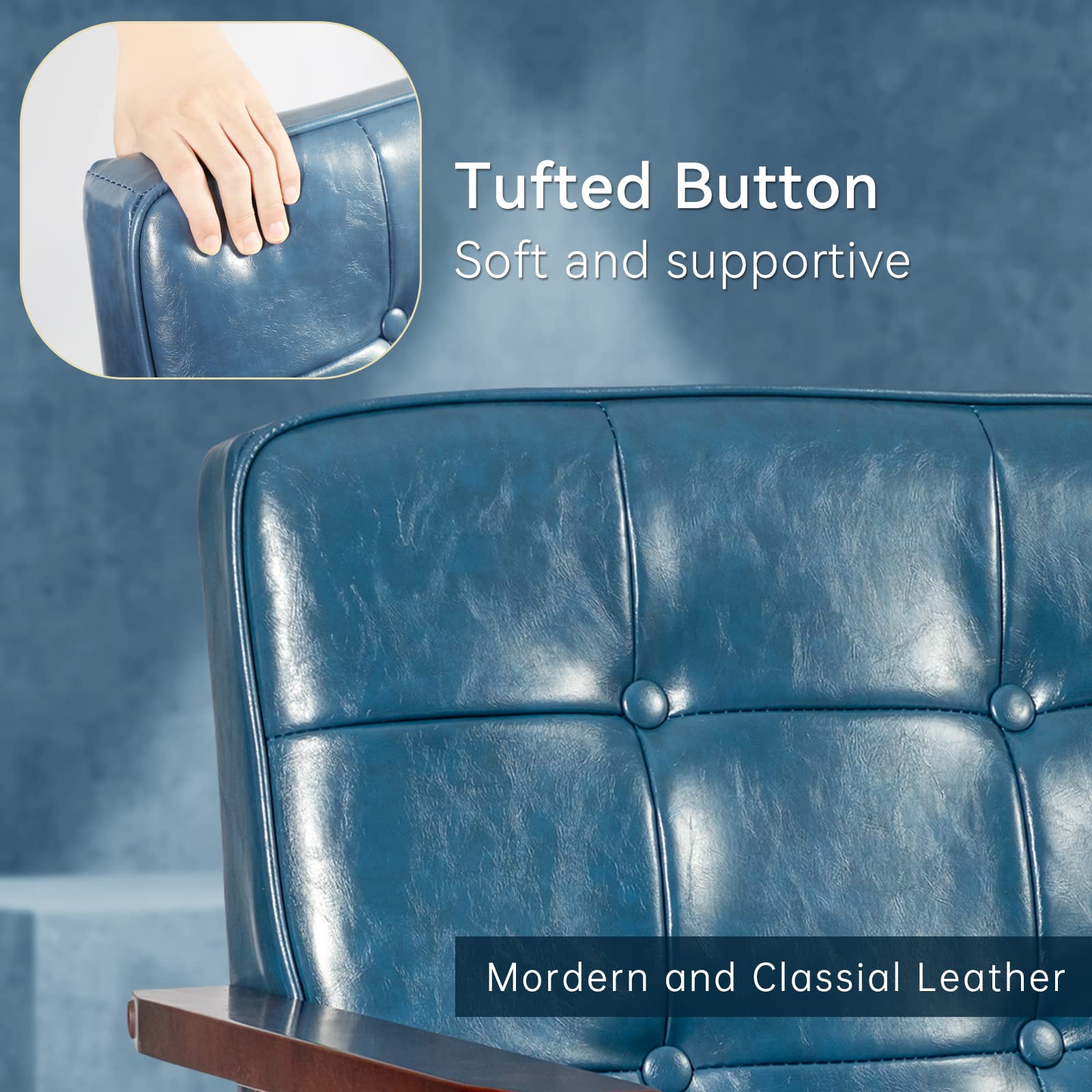 Okeysen Mid-Century Modern Leather Accent Chairs Set of 2 - Retro Blue Armchairs with Cushions & Solid Wood Frame for Living Room, Lounge, Office or Reading Nook