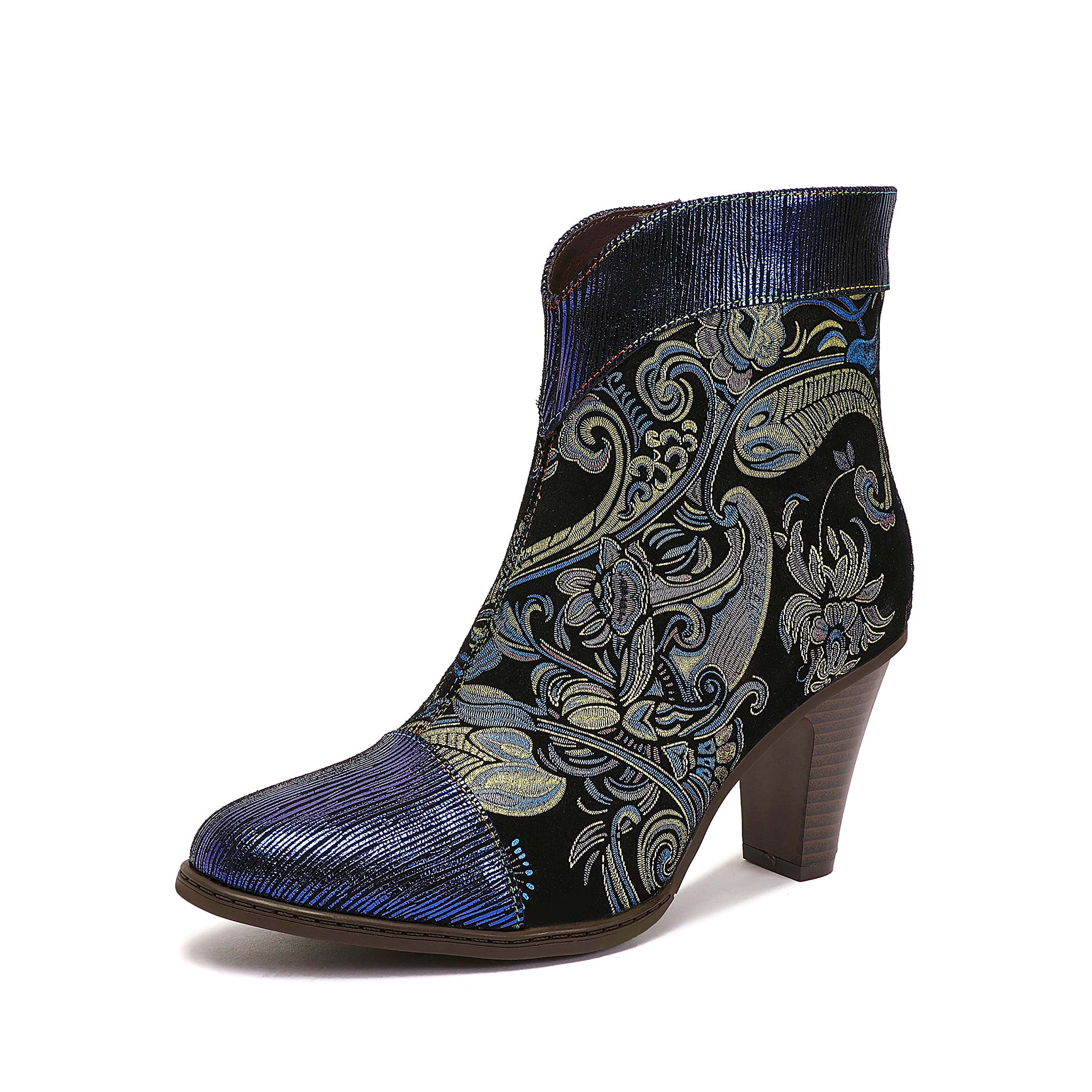 CrazycatZ Women's Vintage Leather Ankle Boots with Block Heel - Colorful Retro Style for Casual Outfits & Date Nights