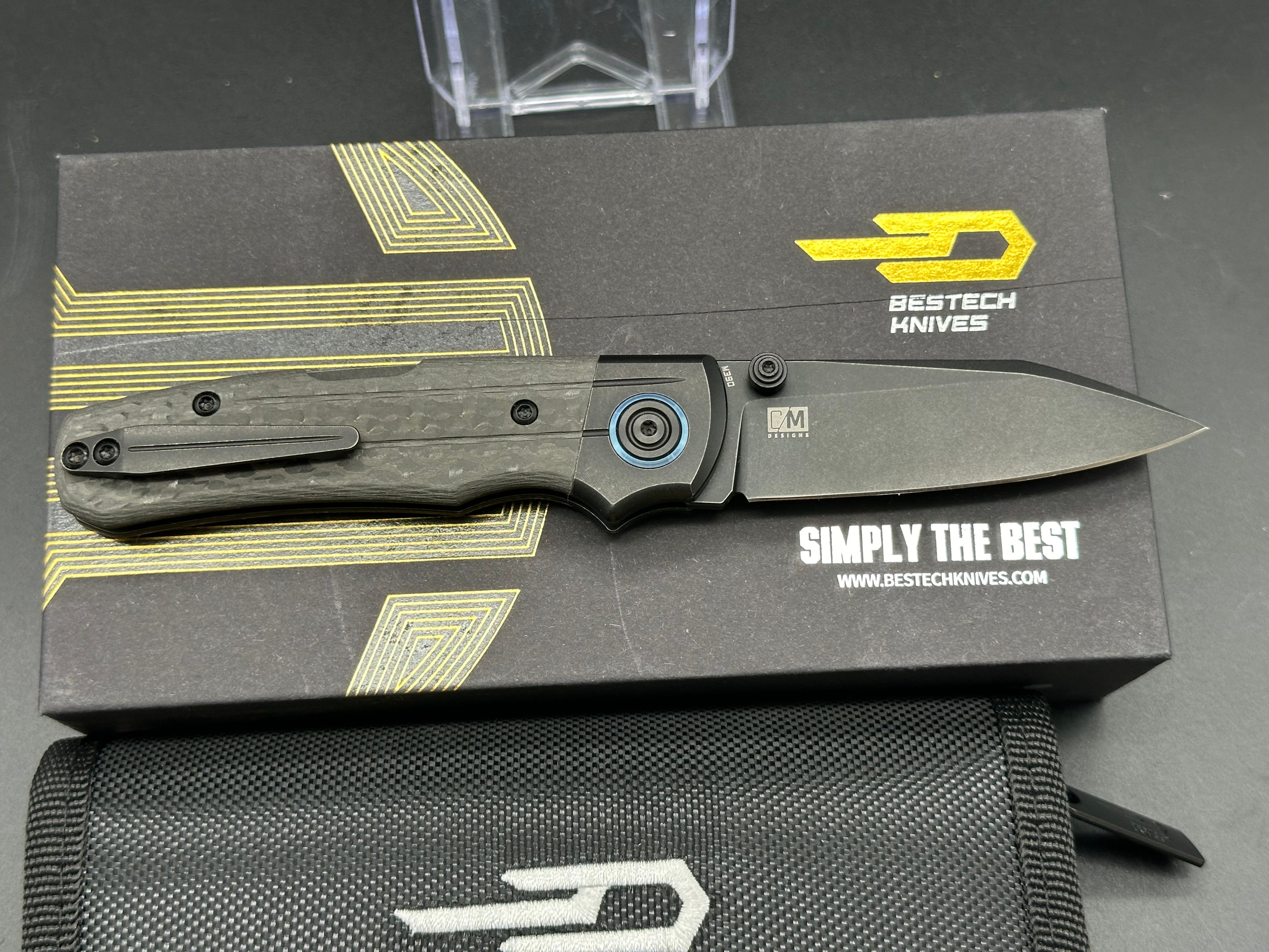 Bestech Tonic Black Titanium/Carbon Fiber Pocket Knife - M390 Steel Blade with Black Stonewash Finish - EDC, Outdoor, Camping & Survival Gear