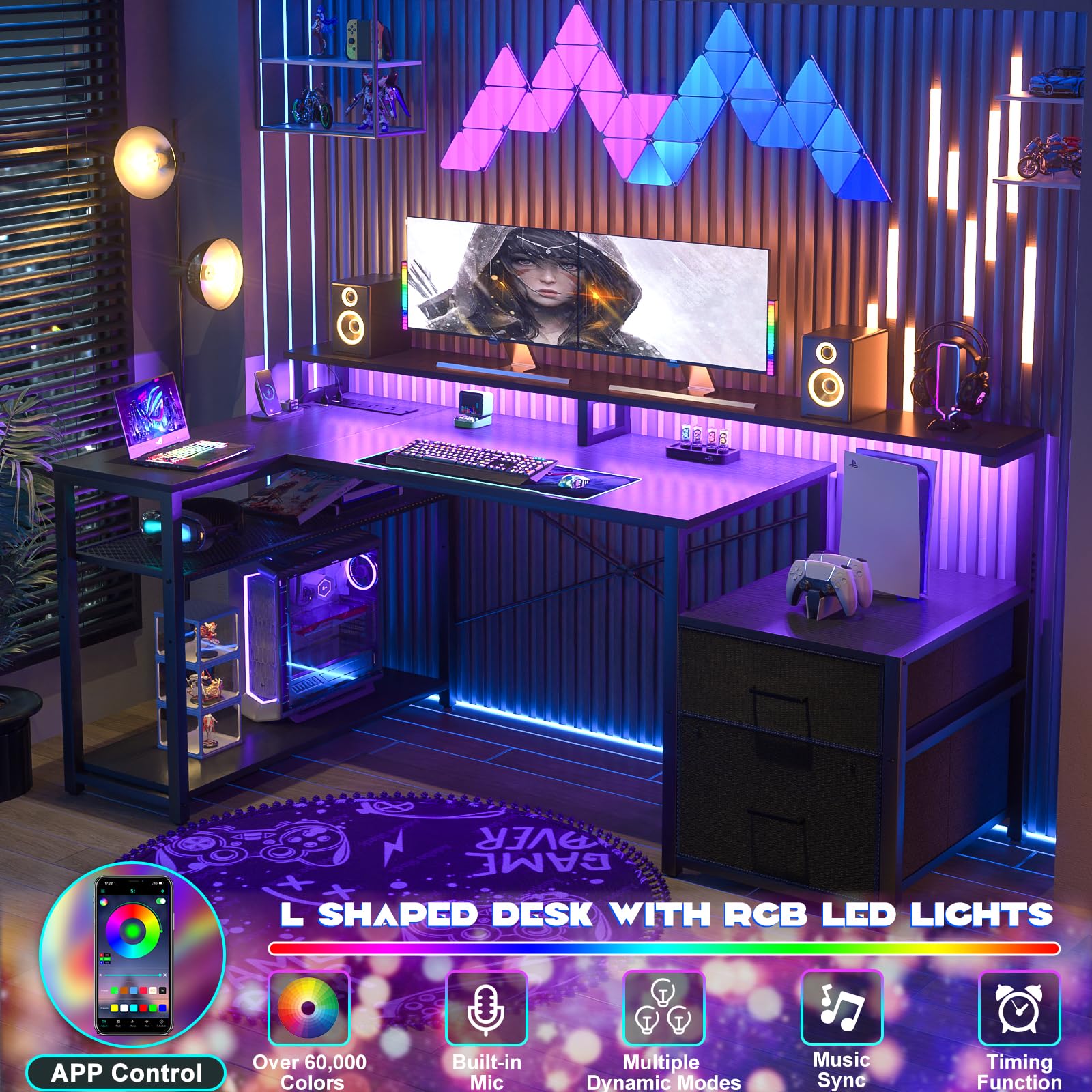 Aheaplus Reversible L-Shaped Computer Desk with File Drawer, Power Outlet & LED Strip - Home Office Gaming Desk with Monitor Shelf & Storage Shelves, Black - Perfect for Small Spaces, Work from Home & PC Gaming Setups