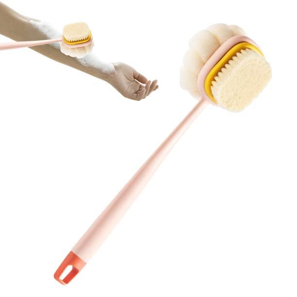 Emcrovi Wooden Double-sided Bath Brush with Massager & Long Handle - Exfoliating Body Brush for Dry Brushing & Skin Care | Natural Bristles | Multi Color | Perfect for Shower, Spa & Lymphatic Drainage Massage