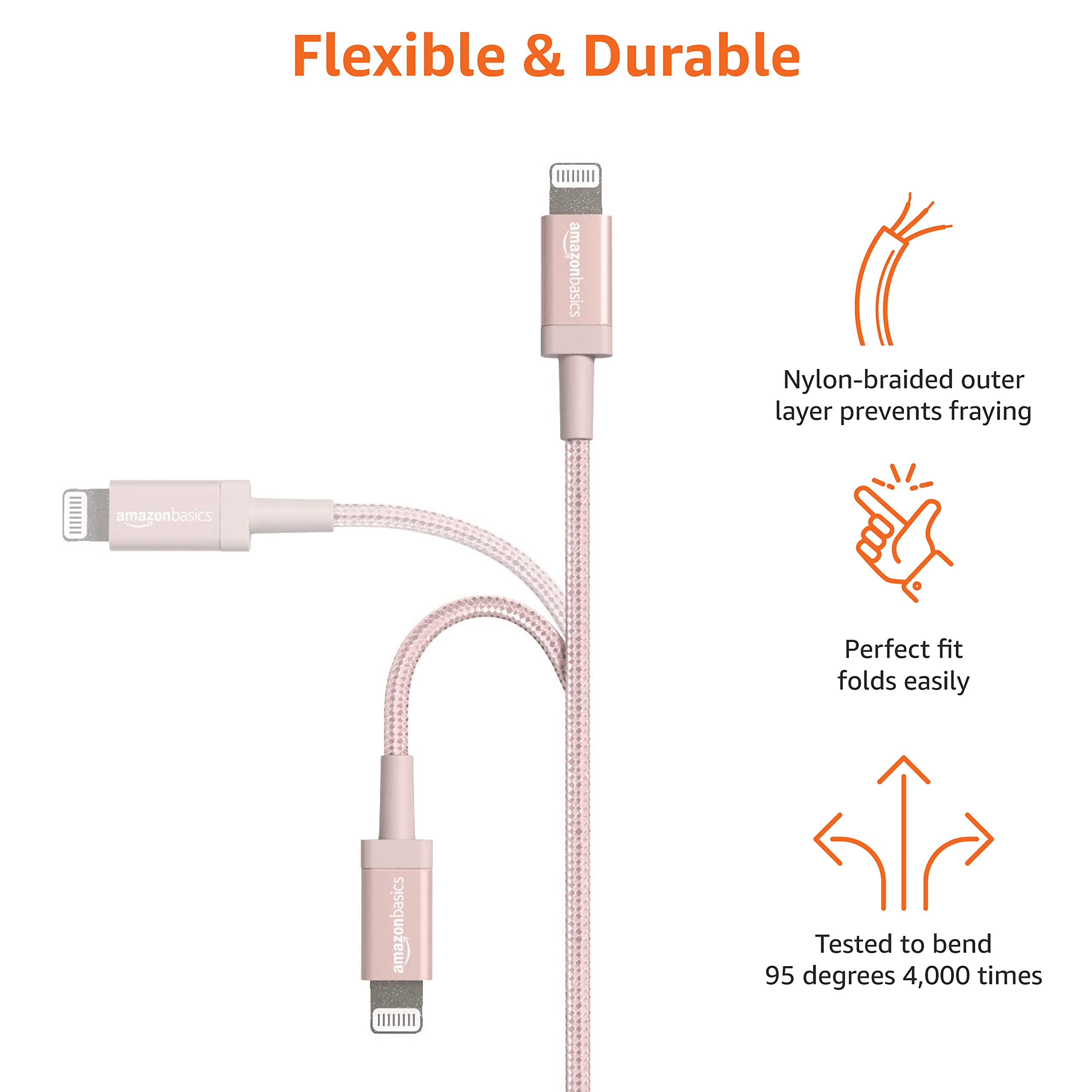 Amazon Basics MFi Certified USB-C to Lightning Cable 6ft Nylon Braided - Fast Charging Cord for iPhone 14/13/12/11/X/Xs/Pro/Max/Plus & iPad - Durable Rose Gold Charger for Home, Office & Travel
