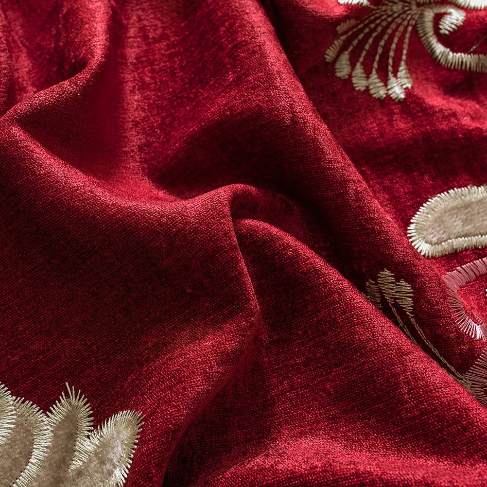 ELKCA Luxury Burgundy Red Chenille Floral Embroidered Curtains - Peony Design Grommet Top Window Drapes 52x84 Inches, 2 Panels for Bedroom, Living Room & Home Decor
