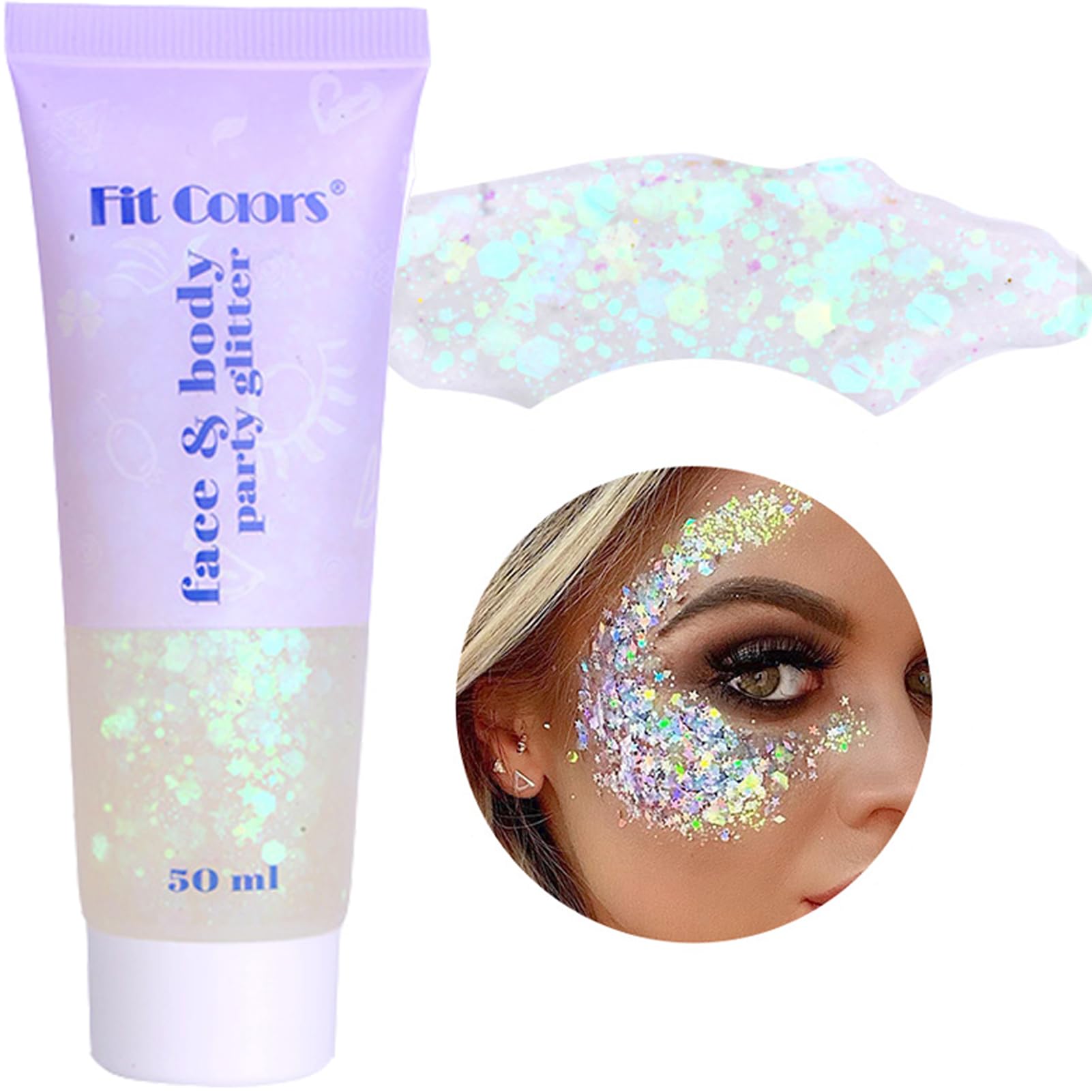 White Face & Body Glitter Gel - Shimmer Makeup for Hair, Face, Skin - 50ml Mermaid & Festival Accessories - Perfect for Music Festivals, Raves, Cosplay & Halloween