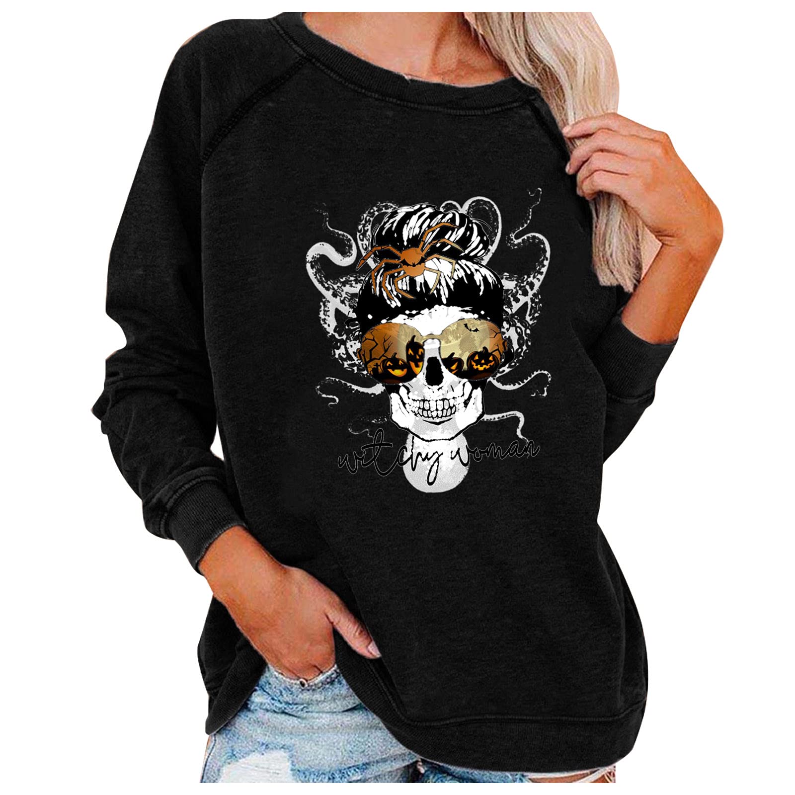 FMCHICO Women's Oversized Skull Graphic Crewneck Sweatshirt - Long Sleeve Pullover Top for Casual Wear, Street Style & Fall Fashion