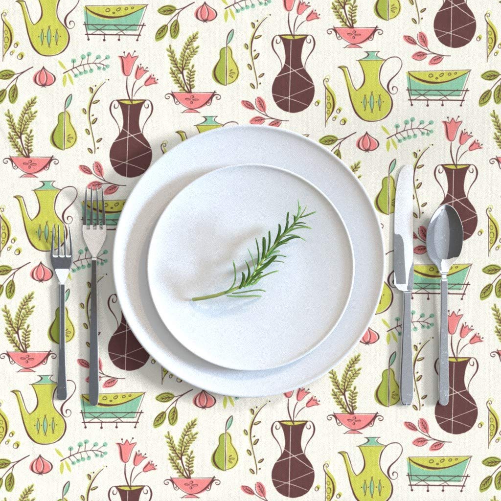 Vintage Teapot Retro Kitchen Print Cotton Sateen Tablecloth 70x144 Inches - Midcentury Modern Whimsical Pear Berries Design for Dining Room, Kitchen Decor & Special Occasions