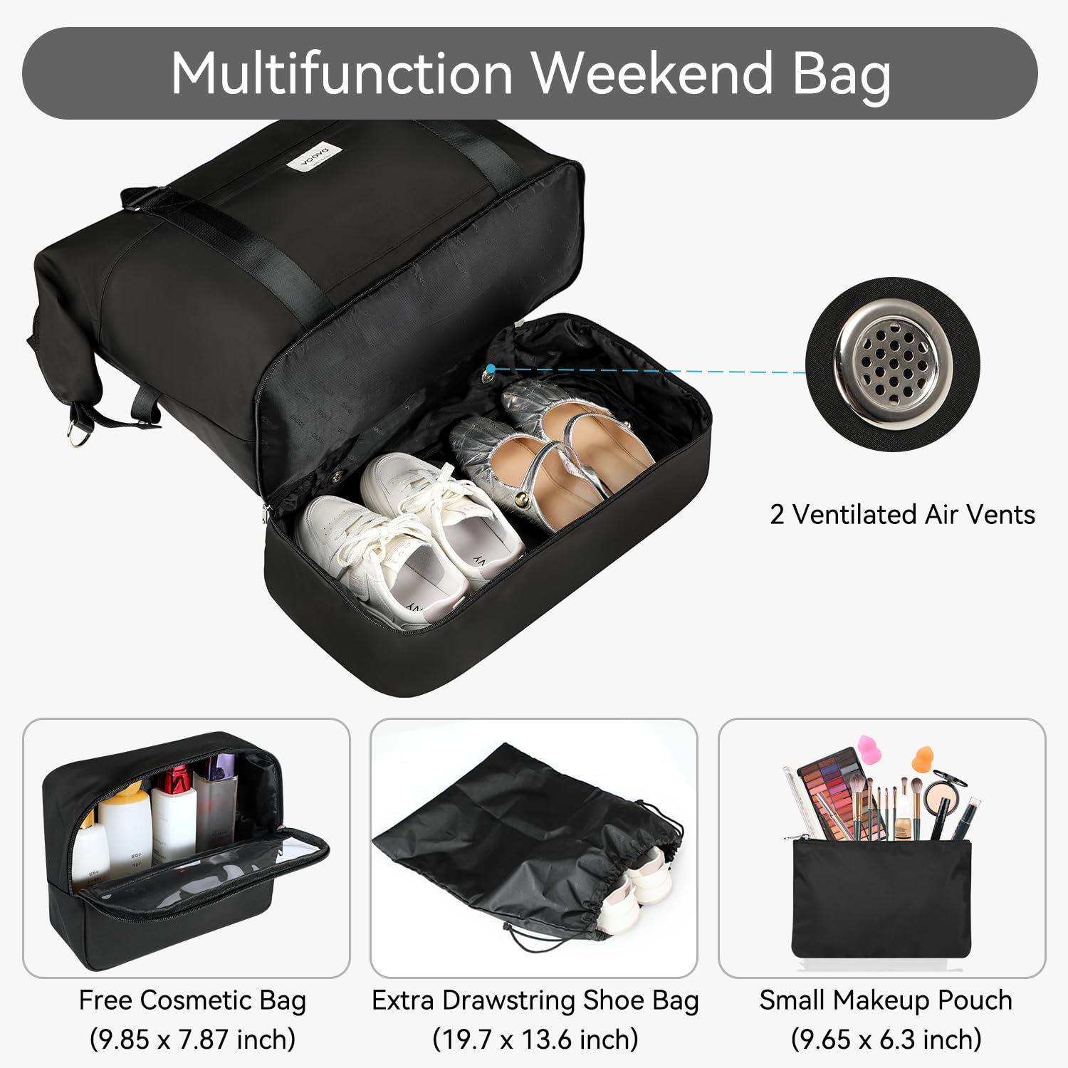 Voova Weekender Bags for Women & Men - Large Travel Duffle Bag with Shoe Compartment & 4 Toiletry Bags - Perfect Carry-On Overnight Bag for Gym, Yoga, Hospital & Weekend Getaways (Black)